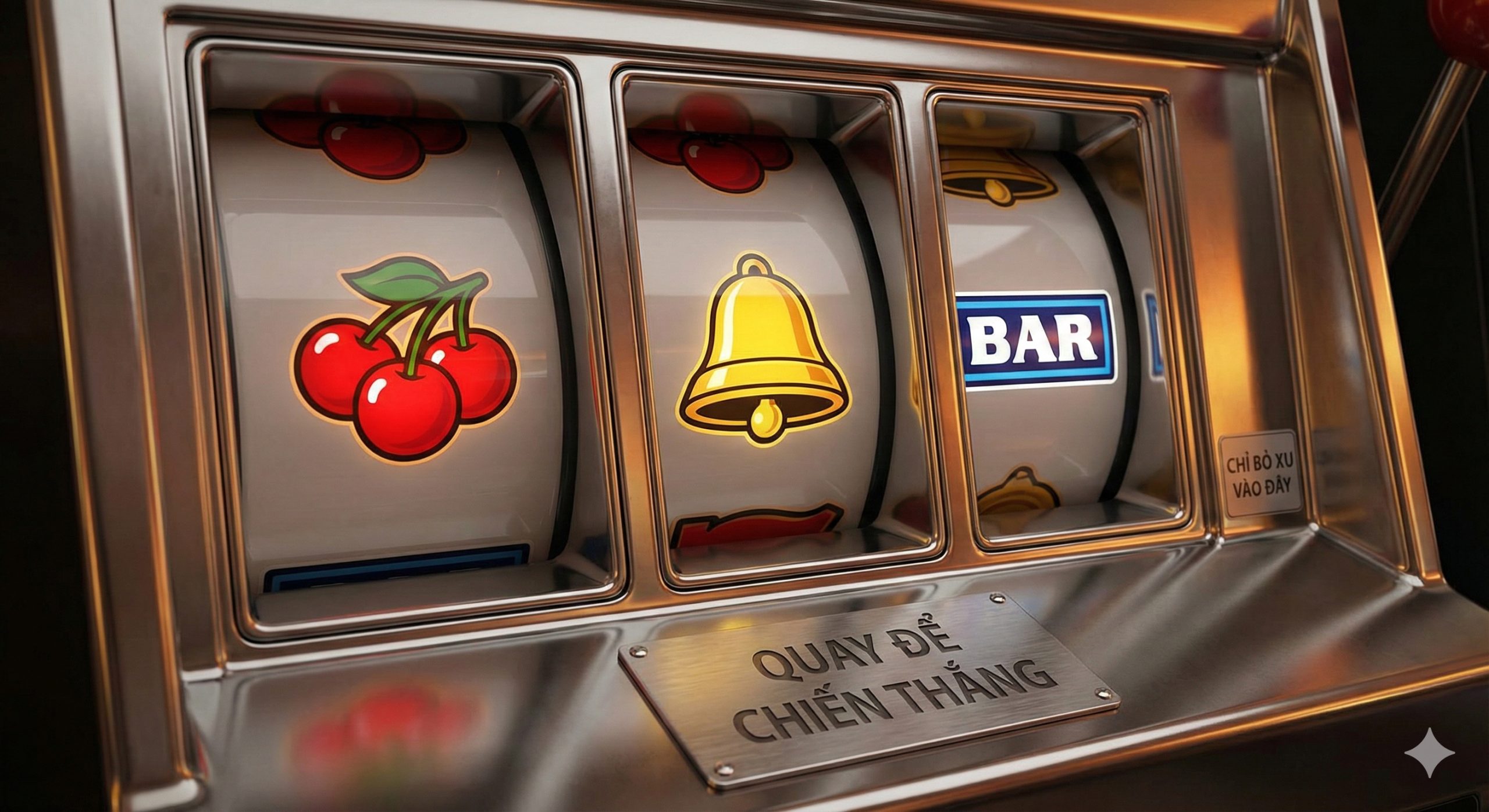 A high-resolution close-up shot of a traditional 3-reel slot mechanism. The image focuses on the iconic retro symbols including bright red cherries, a golden bell, and a classic 'BAR' icon. The texture appears mechanical with a polished metal finish, contrasting with modern 3D graphics. The lighting highlights the simplicity and clarity of the symbols, perfectly illustrating the defining characteristics of the classic slot genre.