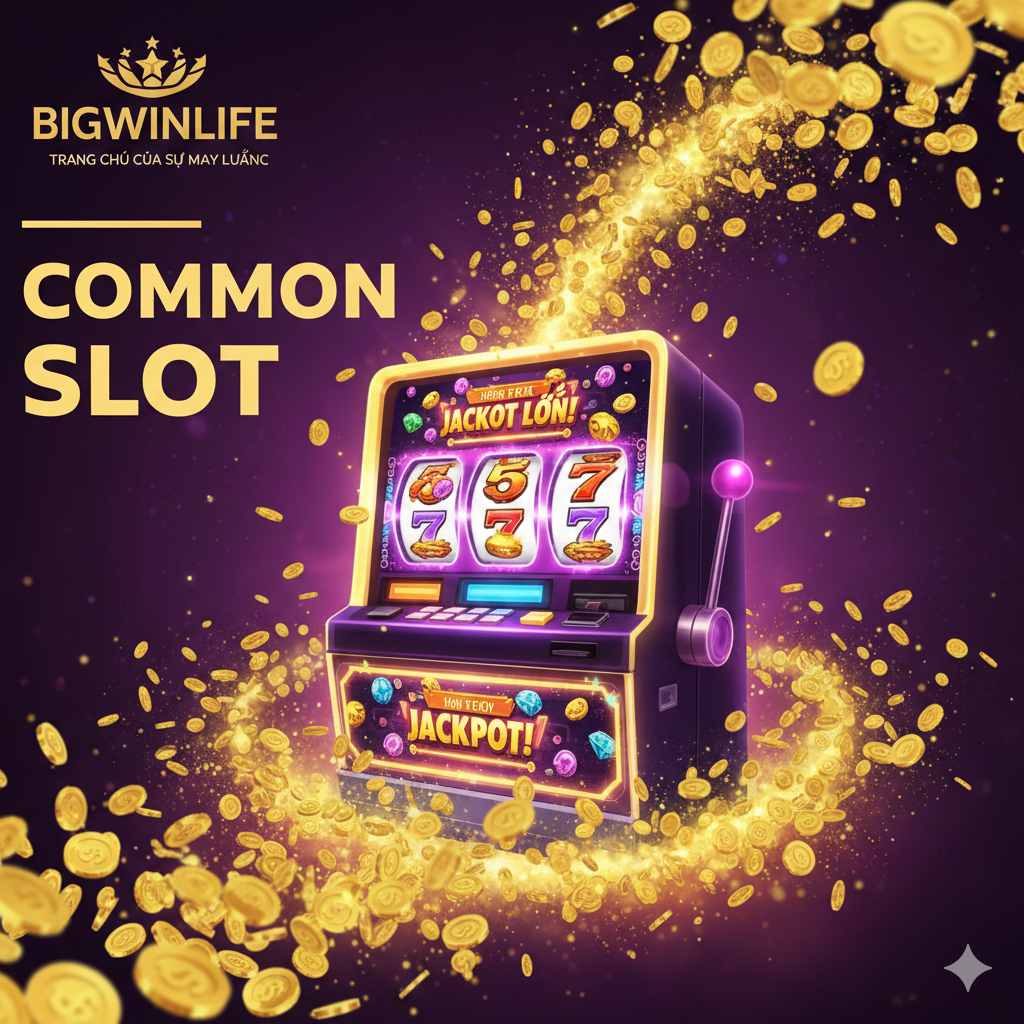 Ảnh bìa tổng thể với chủ đề 'Common Slot' và Bigwinlife. Hình ảnh nên có tông màu vàng kim và tím sang trọng, thể hiện sự giàu có và may mắn. Cảnh nền là một máy slot ảo (virtual slot machine) phát sáng rực rực, với một biểu tượng 'Wild' hoặc 'Jackpot' lớn nổi bật ở trung tâm. Sử dụng các đồng xu vàng (gold coins) rơi xung quanh máy. Cần có logo Bigwinlife (giả định) đặt ở góc trên, với tiêu đề lớn 'Common Slot' bằng phông chữ hiện đại, mạnh mẽ, thu hút sự chú ý ngay lập tức. Bố cục năng động, dồn trọng tâm vào khu vực slot machine để tạo cảm giác hứng khởi.
