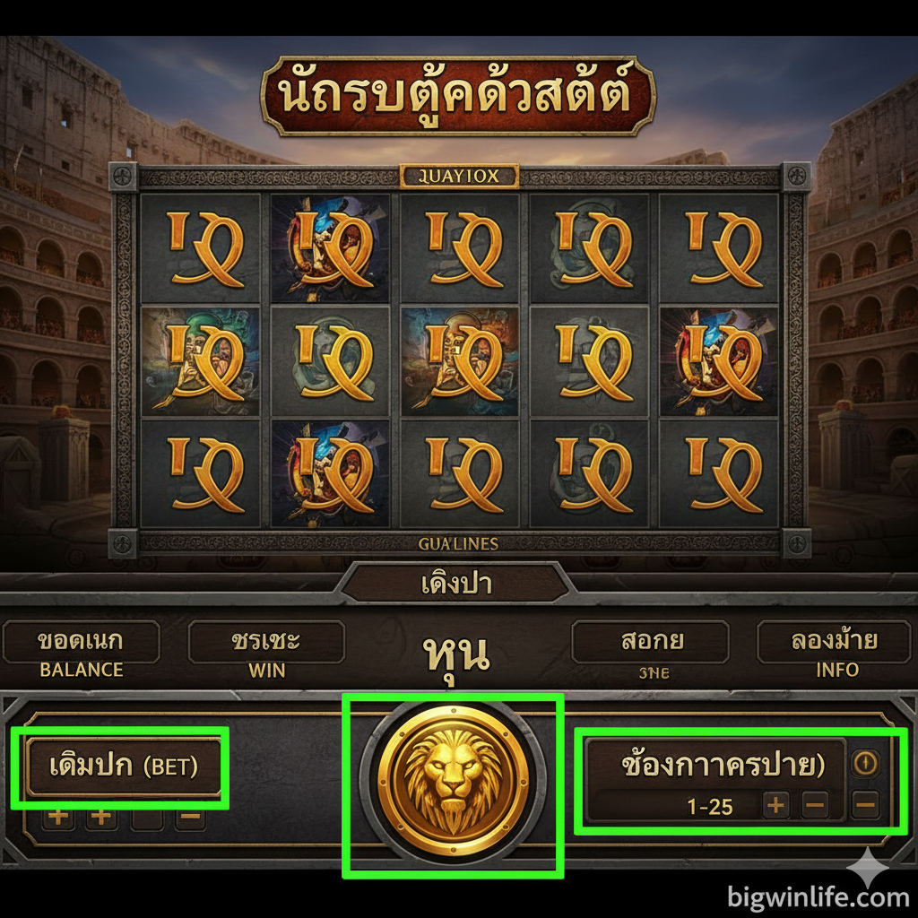 一张简洁的教程指导图，模拟移动端或PC端的Playtech Gladiator Slot游戏界面。重点展示下方的控制面板区域，用箭头或高亮框（例如绿色或蓝色）依次标示出：'เดิมพัน (Bet)' 按钮、'หมุน (Spin)' 按钮、和 'ช่องทางการจ่าย (Paylines)' 区域。整体风格保持游戏原有的深色/古罗马风格，但界面元素要清晰易อ่าน，旨在展示给用户如何轻松开始游戏（como se juega gladiator slot）。