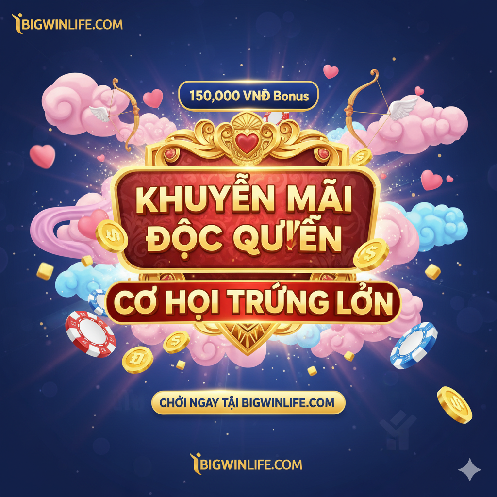 Hình ảnh tổng hợp các khuyến mãi đặc quyền từ Bigwinlife.com. Một biểu ngữ lớn, hấp dẫn có nội dung 'Khuyến Mãi Độc Quyền' nổi bật với màu vàng/đỏ. Xung quanh là các hình ảnh tượng trưng cho tiền thưởng, chip casino và cụm từ '150,000 VNĐ Bonus' hoặc các phần thưởng hấp dẫn khác, nhấn mạnh ưu đãi chỉ dành cho độc giả của bigwinlife.com.
