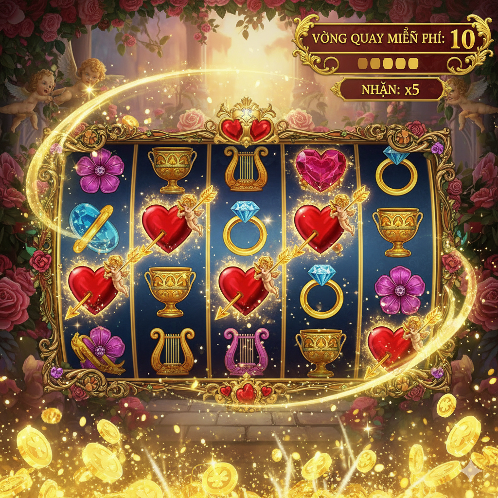 Hình ảnh tập trung vào màn hình Free Spins của Cupid's Garden Slot. Các cuộn quay chứa nhiều biểu tượng Wild đã bị khóa ('Sticky Wilds' - được đánh dấu bằng hình trái tim hoặc mũi tên vàng của Cupid). Một bảng thông báo nổi bật hiển thị số lượng 'Free Spins: 8' còn lại và 'Multiplier: x3', nhấn mạnh rằng các tính năng này là chìa khóa để đạt Big Win.