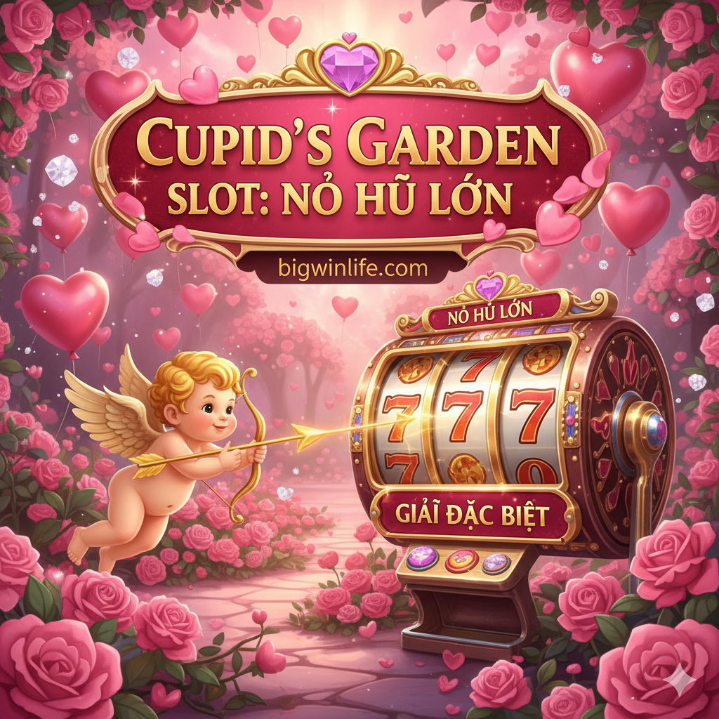 Một bức ảnh hấp dẫn của trò chơi Cupid's Garden Slot, tập trung vào giao diện chính hoặc Logo. Màu sắc chủ đạo là hồng và vàng, với nền là khu vườn mơ mộng, có hoa hồng và kim cương. Một nhân vật Cupid đáng yêu đang giương cung, hướng mũi tên vàng về phía các cuộn quay, nơi có thể thấy chữ 'BIG WIN' hoặc 'Jackpot' lấp lánh, nhấn mạnh tiềm năng thắng lớn.