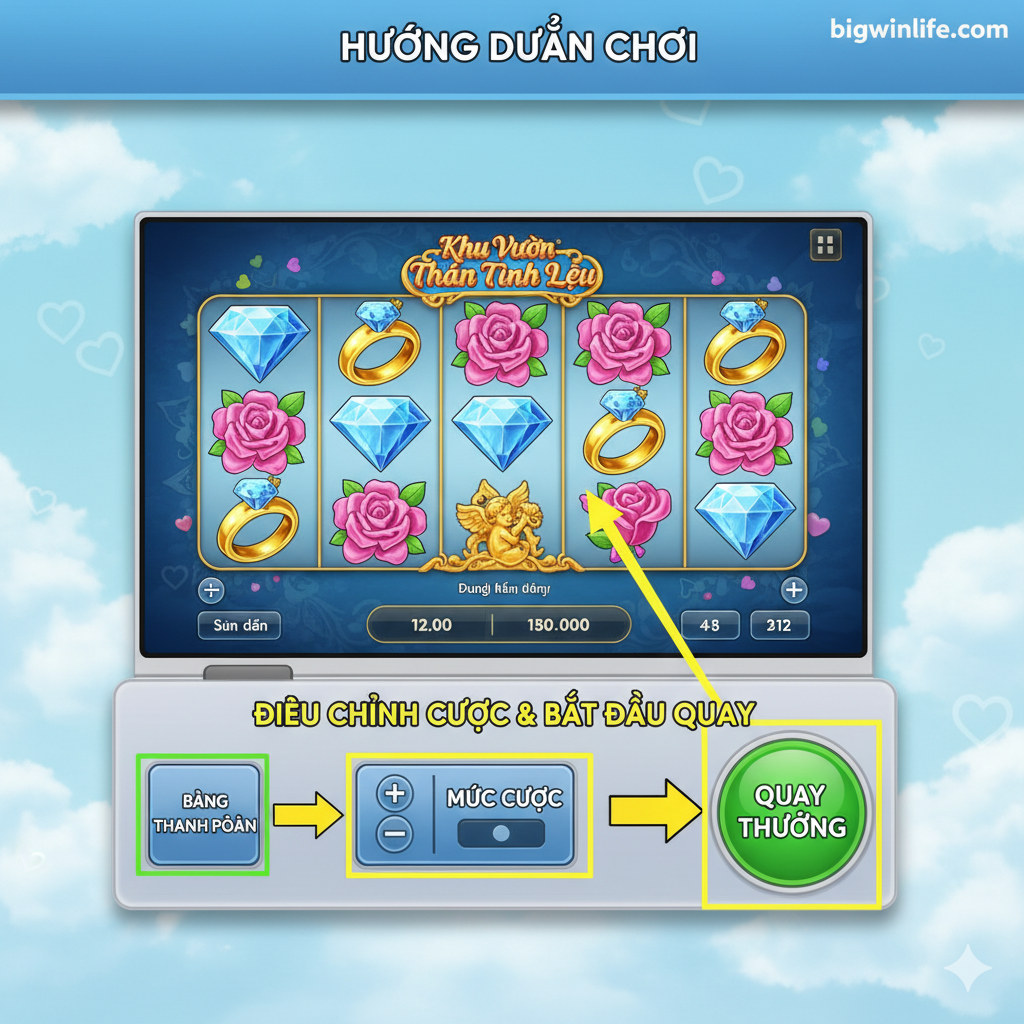 Hình ảnh hướng dẫn chơi Cupid's Garden Slot, mô phỏng màn hình game với các cuộn quay có các biểu tượng (nhẫn, kim cương, Cupid). Trọng tâm là các nút điều khiển phía dưới: Nút 'Spin' (Quay Thưởng) được làm nổi bật, và các nút điều chỉnh cược ('Bet Level' hoặc '+/-') được đánh dấu bằng mũi tên hướng dẫn, cho thấy quy trình chơi đơn giản.