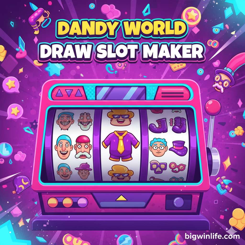 Một tác phẩm nghệ thuật số sống động, nhiều màu sắc, đóng vai trò làm ảnh bìa cho bài viết. Hình ảnh nổi bật với giao diện máy đánh bạc (slot machine) được cách điệu, nhưng thay vì các biểu tượng truyền thống, các cuộn quay hiển thị các bộ phận nhân vật ngẫu nhiên từ Dandy's World (như một khuôn mặt ngộ nghĩnh, một thân hình kỳ quặc và các phụ kiện lạ mắt). Màu sắc chủ đạo là tím rực rỡ, hồng và xanh neon, đặc trưng cho phong cách Dandy's World. Tiêu đề tiếng Việt in đậm 'Dandy World Draw Slot Maker' với phông chữ vui nhộn nằm ở phía trên, gợi mở về sự sáng tạo và niềm vui. Phông nền nên động, có các yếu tố thị giác 'big win' hoặc 'jackpot' tinh tế, nhưng rõ ràng liên quan đến việc tạo nhân vật, không phải tiền bạc, nhằm thu hút đối tượng độc giả quen thuộc với hình ảnh slot của BigWinLife.