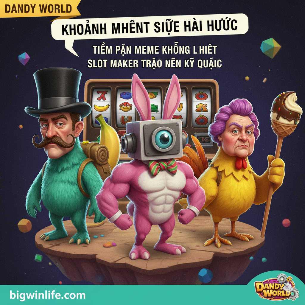 Một bức ảnh ghép của nhiều nhân vật Dandy's World cực kỳ kỳ lạ, hài hước và sáng tạo được tạo ra ngẫu nhiên từ Slot Maker. Hình ảnh này nên trực quan hóa 'tiềm năng meme' và khái niệm 'random character generator'. Bố cục nên nhóm 3-4 nhân vật riêng biệt, mỗi nhân vật có các bộ phận hoàn toàn không tương thích với nhau (ví dụ: một cái đầu nghiêm túc trên một thân hình quái vật với một phụ kiện ngộ nghĩnh). Một văn bản nền hoặc đồ họa tinh tế tham chiếu 'Dandy World Meme' hoặc 'Funny Moments' bằng tiếng Việt sẽ củng cố luận điểm của bài viết về sự hài hước và chia sẻ cộng đồng, liên kết với chiến lược tương tác.