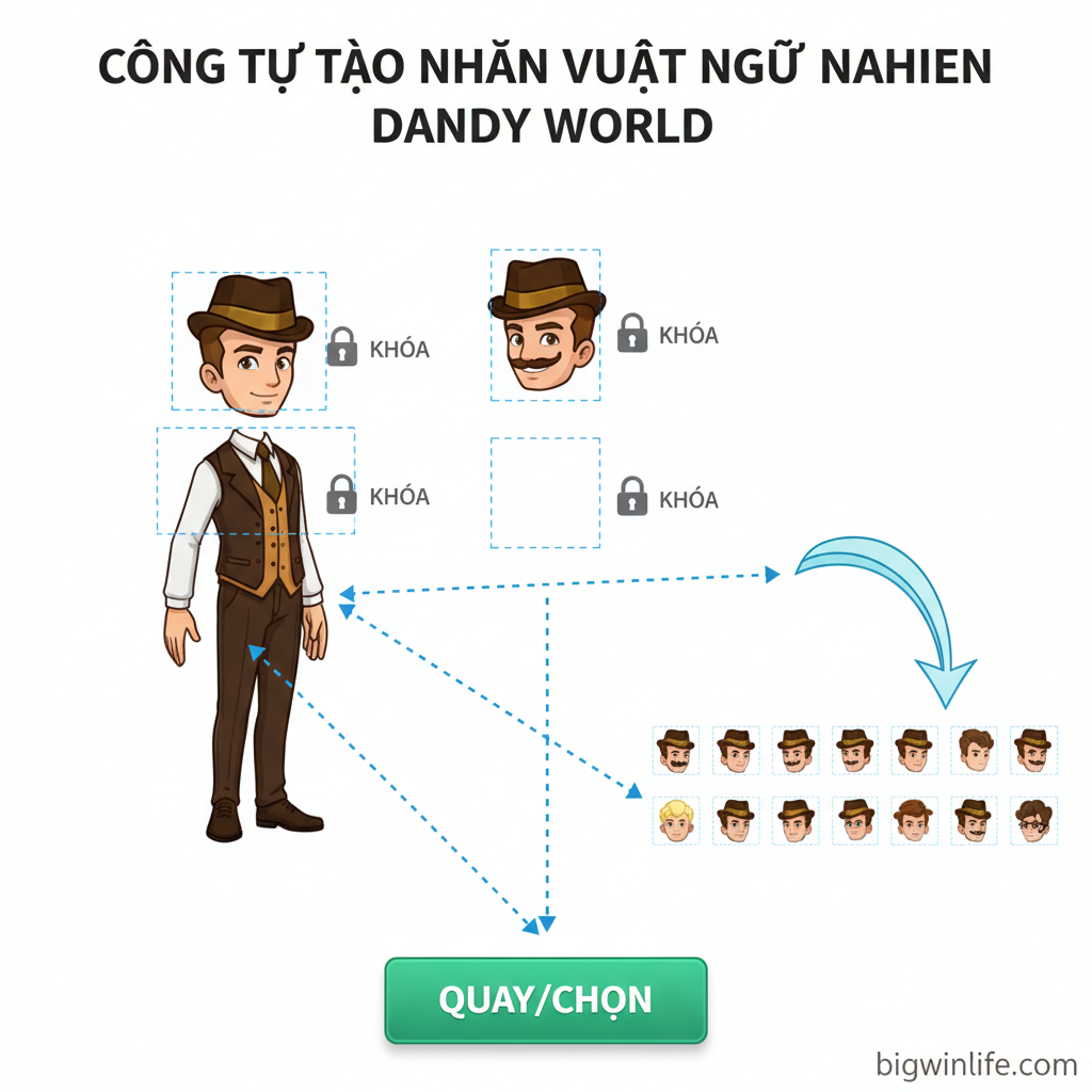 Một sơ đồ bóc tách rõ ràng hoặc hình minh họa kiểu ảnh chụp màn hình về giao diện công cụ Dandy World Draw Slot Maker. Hình ảnh nên tập trung vào các thành phần chức năng chính: khu vực hiển thị nhân vật, nút 'Draw/Slot' (được làm nổi bật bằng màu tương phản như vàng hoặc xanh lá cây), và các biểu tượng 'Khóa' (Lock) nhỏ bên cạnh từng bộ phận nhân vật riêng lẻ (đầu, thân, chân). Sử dụng mũi tên hoặc đường đứt nét để chỉ rõ quy trình lựa chọn ngẫu nhiên. Phong cách nên sạch sẽ, kỹ thuật số và mang tính hướng dẫn, nhấn mạnh cơ chế của bộ tạo nhân vật ngẫu nhiên. Nhãn văn bản nên sử dụng các từ khóa 'Draw,' 'Slot,' và 'Lock' bằng tiếng Anh.