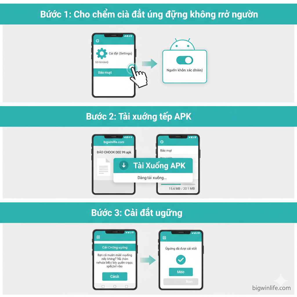 Một sơ đồ hướng dẫn chi tiết các bước tải và cài đặt “ĐÁO CHOOK DEE 99 APK”. Hình ảnh tập trung vào giao diện điện thoại Android với các bước được đánh số (ví dụ: Bước 1, Bước 2, Bước 3) để hướng dẫn người dùng. Bước đầu tiên hiển thị quy trình “Cài đặt (Settings)” và “Bảo mật (Security)”, bước thứ hai làm nổi bật nút tải xuống “Tải Xuống File APK”, và bước thứ ba hiển thị thông báo “Cài đặt” thành công. Màu sắc đơn giản, sử dụng màu xanh ngọc để làm nổi bật các bước và nút quan trọng, đảm bảo thông tin rõ ràng và dễ hiểu, nhấn mạnh sự tiện lợi của “APK” và “Cài đặt”.