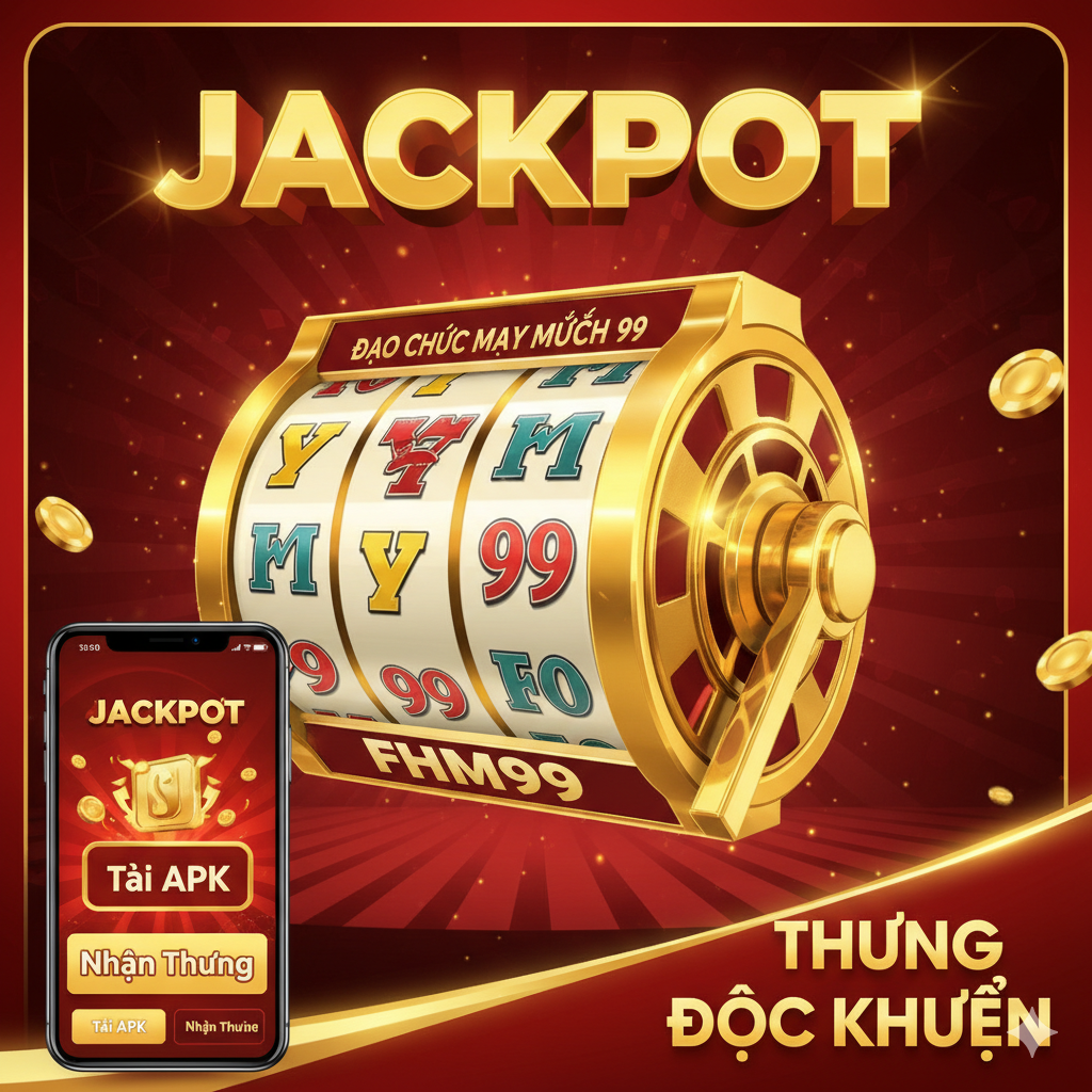 Một hình ảnh bìa nổi bật, tập trung vào các từ khóa “ĐÁO CHOOK DEE 99 APK” và “FHM99 SLOT”. Phối màu chủ đạo là vàng chiến thắng và đỏ sẫm tượng trưng cho sự giàu có. Ở trung tâm là biểu tượng “JACKPOT” khổng lồ, lấp lánh hoặc một cuộn máy đánh bạc, với biểu tượng “ดาว โชค ดี 99” bằng tiếng Thái và “FHM99” bằng tiếng Anh ở phía trên. Góc dưới bên trái là hình chiếu của màn hình điện thoại di động, hiển thị các nút để tải xuống APK và nhận Thưởng. Phong cách tổng thể phải là chủ đề sòng bạc/máy đánh bạc cao cấp, sống động và có dòng chữ tiếng Việt “Bonus Độc Quyền” để thu hút người dùng Việt Nam nhấp và tải xuống.