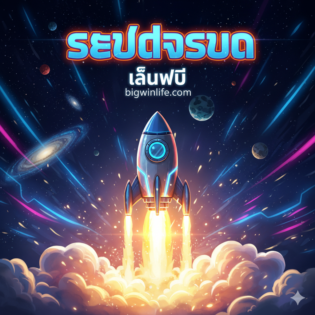 ออกแบบปกที่น่าสนใจ มีธีมเป็น Demo Slot Rocket Blast โดยมีจรวดที่กำลังปล่อยตัว และมีคำว่า เล่นฟรี bigwinlife.com ที่ด้านล่าง
