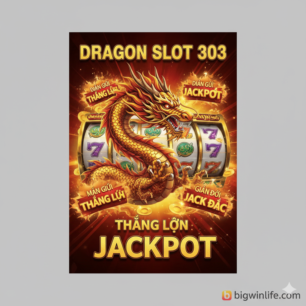 Thiết kế một trang bìa cho trang web cá cược tiếng Việt có chủ đề “Dragon Slot 303” với hình ảnh rồng vàng hùng vĩ nằm trên đống vàng và kim loại. Logo Bigwinlife.com và một giao diện máy đánh bạc giả với dòng chữ “BIG WIN” nổi bật.