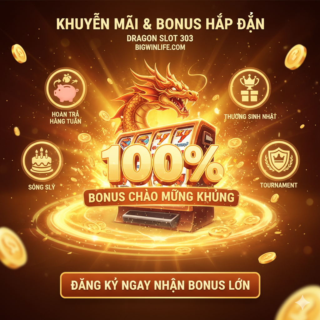 Thiết kế một lời kêu gọi hành động cuối cùng với hình ảnh con rồng bao quanh một nút lớn, nổi bật với dòng chữ “NHẬN 100% THƯỞNG NẠP ĐẦU & CHƠI NGAY!”. Màu sắc vàng và đen sang trọng, kèm theo biểu tượng App Store và Google Play.