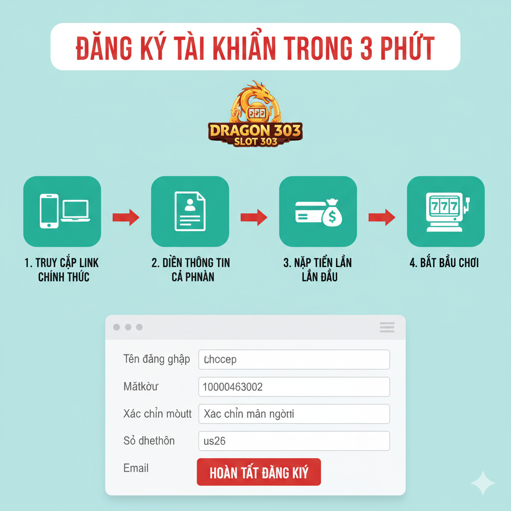 Infographic hướng dẫn người chơi mới từng bước thực hiện Đăng ký và Nạp tiền nhanh chóng trên Bigwinlife. Hình ảnh bao gồm ba bước: 1. Đăng Ký (có logo Bigwinlife), 2. Nạp Tiền Nhanh (với ưu đãi 100% nạp đầu), và 3. Bắt đầu Chơi Dragon Slot.