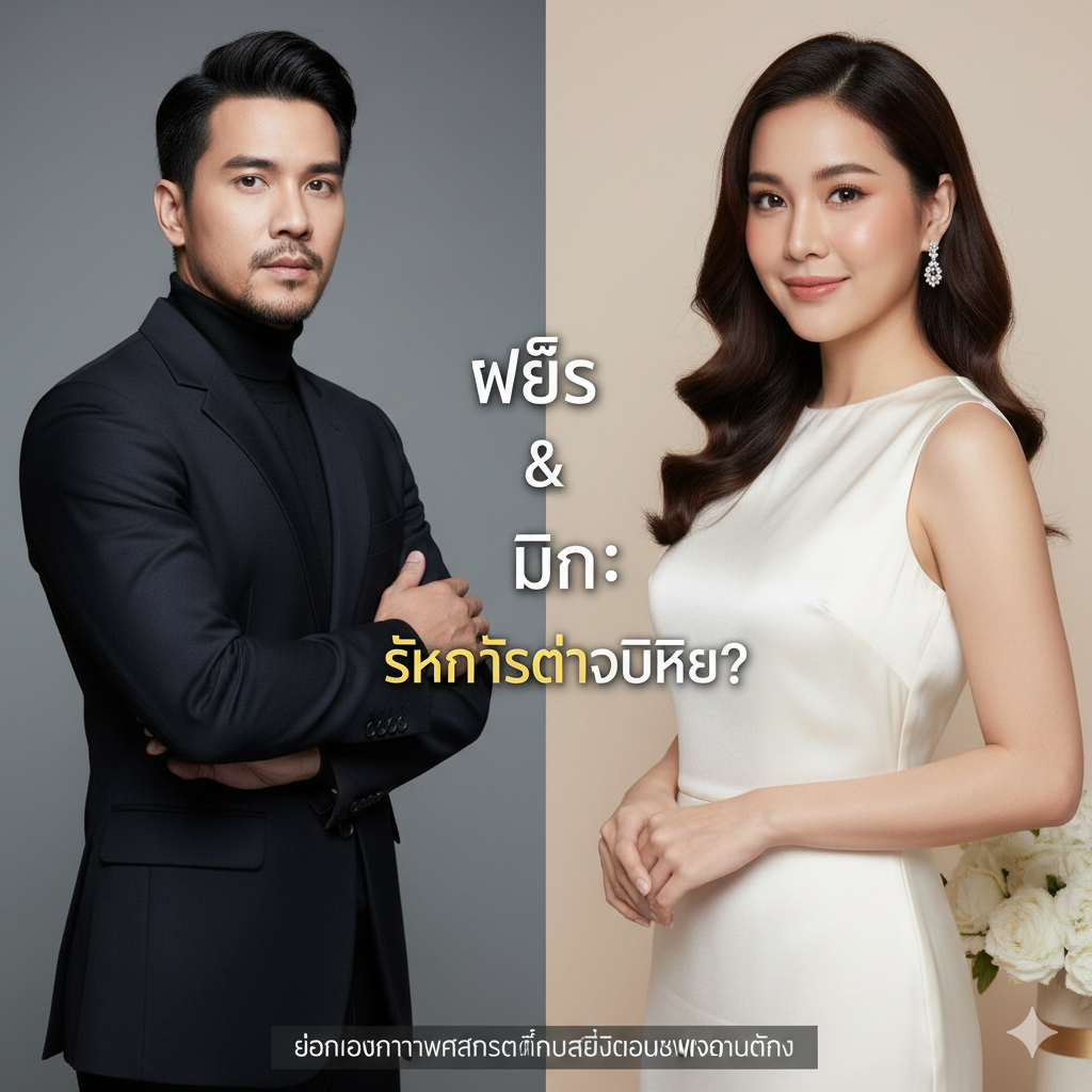 一張清晰的並列對比圖,用於展示文章中提到的兩位核心人物。左側是เฟิร์ส คาริญญ์ยวัฒ的時尚肖像,展現他成熟、穩重的藝術家形象。右側是มิน พีชญา的亮麗、優雅的肖像照,展現她作為一線女演員的風采。這張圖片直觀地回答了“แฟนเก่าคือใคร”(前女友是誰)這個問題,風格類似高端雜誌的人物介紹頁,背景簡潔。