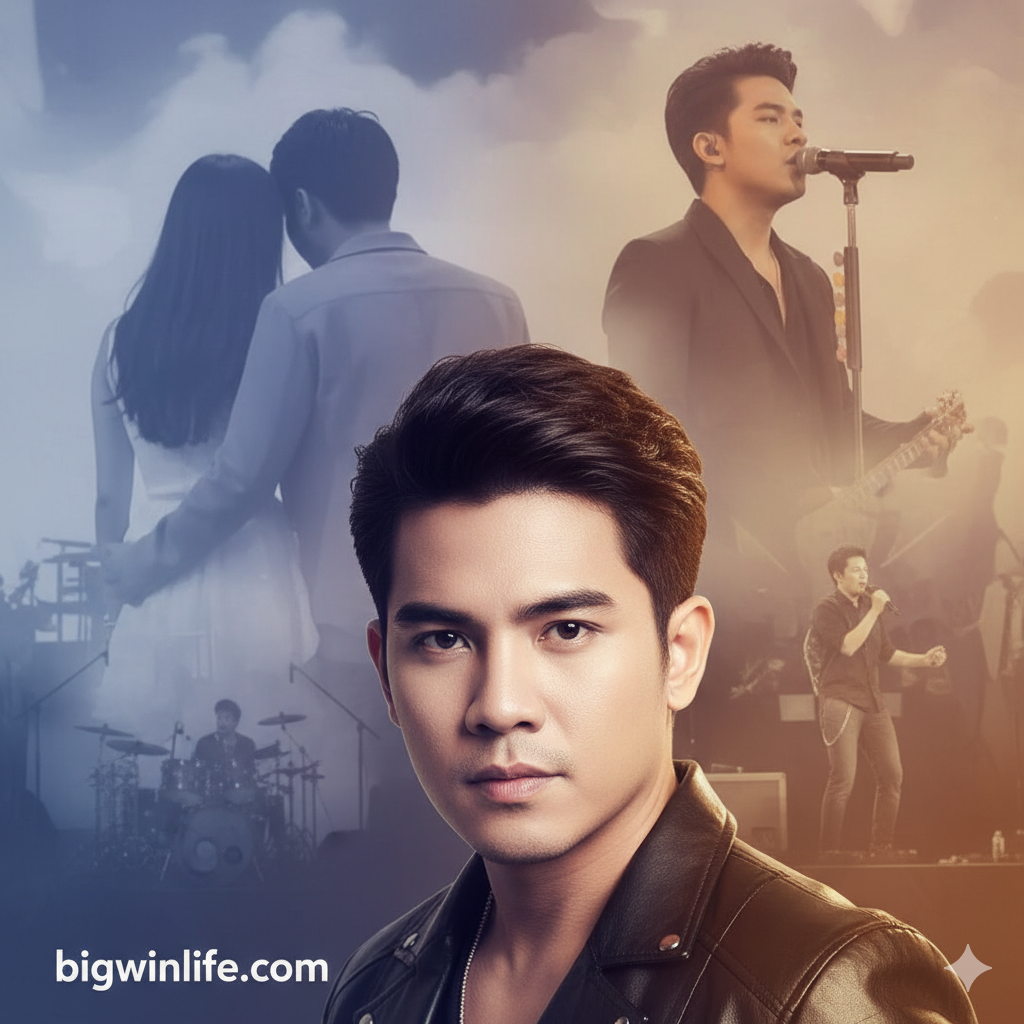 一張用於總結文章的合成圖像。前景是เฟิร์ส Slot Machine當下的清晰、自信的半身像，目光堅定。背景則採用淡化、重疊的效果，展示他過去的剪影，例如一個模糊的情侶背影（代表แฟนเก่า มิน พีชญา）和早期的舞台瞬間。這張圖片通過對比“過去”與“現在”，總結了他的人生軌跡，強調了活在當下並取得“Big Win”的重要性。色調和諧，富有層次感。