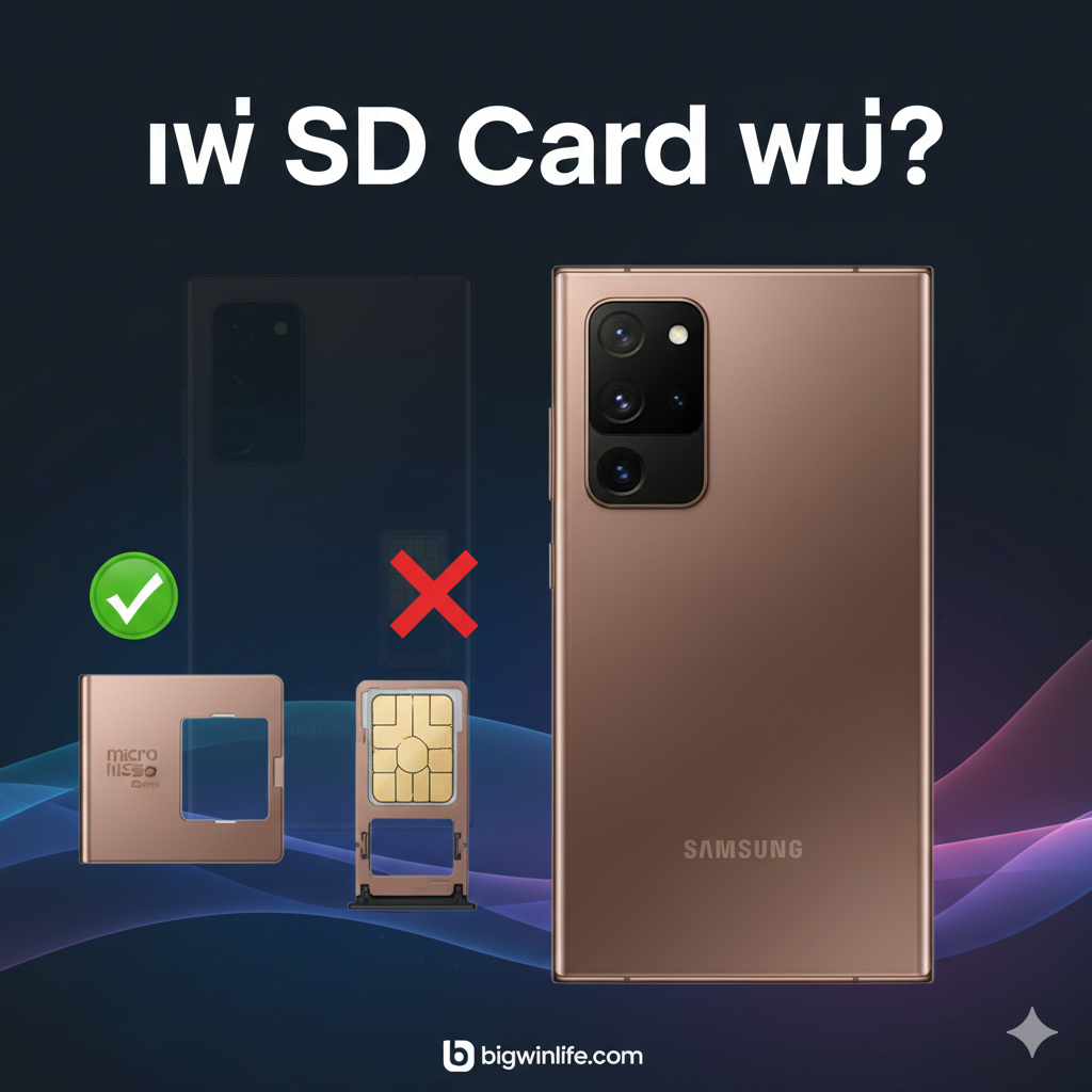 ภาพหน้าปกที่ดึงดูดความสนใจ สไตล์ Minimalist-Tech, โทนสีหลักคือ Mystic Bronze/Black ของ Note 20 Ultra ตัดกับพื้นหลังสีน้ำเงินเข้ม/ม่วงอ่อนที่สื่อถึงเทคโนโลยี องค์ประกอบหลักคือโทรศัพท์ Samsung Galaxy Note 20 Ultra ด้านขวา และถาดใส่ซิม (SIM Tray) ที่ถูกถอดออกมาด้านซ้าย แสดงให้เห็นช่องว่างสำหรับ MicroSD Card อย่างชัดเจน พร้อมสัญลักษณ์ '✅' บนถาด และสัญลักษณ์ '❌' บนรูปภาพ Note 20 ธรรมดาเล็กน้อยในพื้นหลัง เน้นคำถาม 'มี SD Card ไหม?' ในฟอนต์ตัวหนาและสว่าง