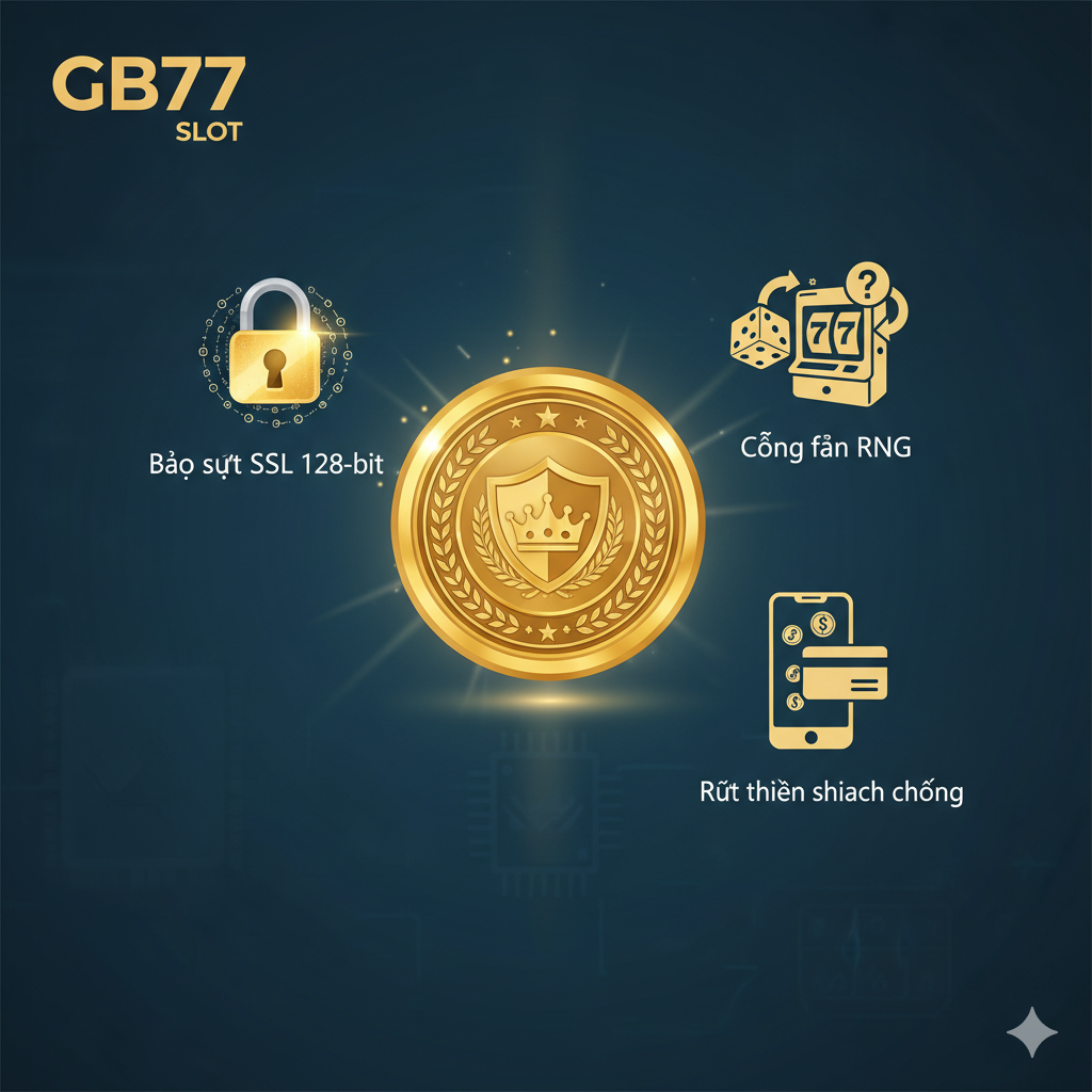 Hình ảnh nhấn mạnh sự uy tín và an toàn của GB77 Slot. Trung tâm là biểu tượng chứng nhận (Certification/License) của một tổ chức cá cược quốc tế (có thể là logo giả định của PAGCOR hoặc một con dấu vàng). Xung quanh có các biểu tượng nhỏ hơn đại diện cho các yếu tố uy tín: 1) Bảo mật SSL 128-bit (biểu tượng ổ khóa và mã hóa), 2) Công bằng RNG (biểu tượng con xúc xắc hoặc máy slot đang quay ngẫu nhiên) và 3) Rút tiền nhanh chóng (biểu tượng tiền bay từ màn hình điện thoại vào thẻ ngân hàng). Tông màu xanh đậm, vàng đồng, thể hiện sự chắc chắn và đáng tin cậy.