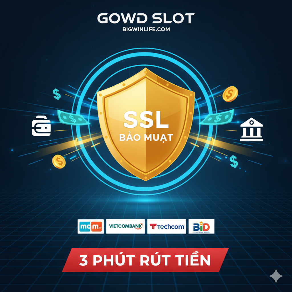 Ảnh minh họa cho sự Uy Tín và An Toàn (Mục IV). Hình ảnh nên tập trung vào tốc độ và bảo mật giao dịch. Các yếu tố cần có: Biểu tượng tiền tệ (VNĐ/Đô la) đang được chuyển đi rất nhanh (ví dụ: mũi tên tốc độ), logo các ngân hàng/ví điện tử phổ biến ở Việt Nam (Momo, Vietcombank...) nhỏ bên dưới. Nổi bật là biểu tượng Khóa (Security Lock) lớn hoặc khiên bảo vệ, cùng với dòng chữ '3 PHÚT RÚT TIỀN' hoặc 'BẢO MẬT SSL'. Tổng thể tạo cảm giác tin cậy, an tâm và chuyên nghiệp.