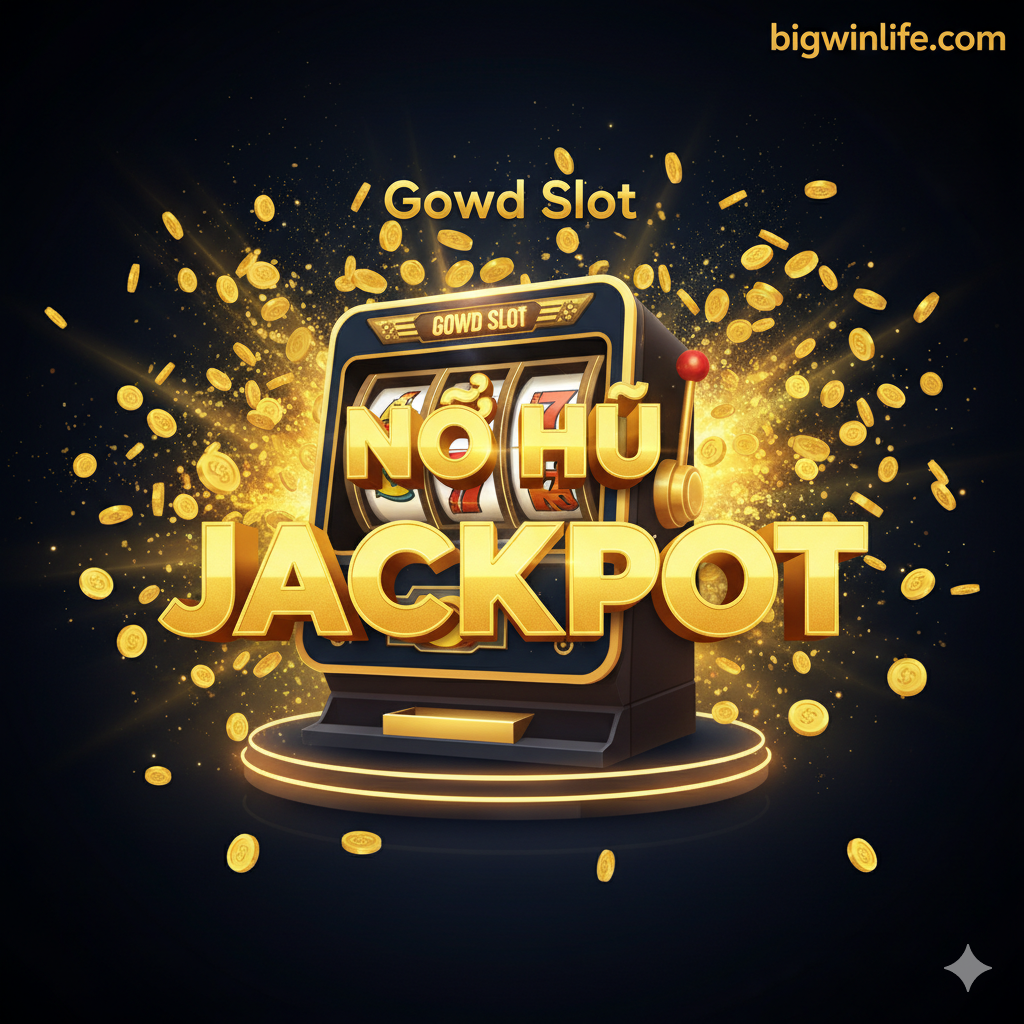 Ảnh bìa tập trung vào từ khóa chính 'Gowd Slot' và yếu tố 'Jackpot' lớn. Phong cách hiện đại, màu sắc chủ đạo là vàng kim và đen/xanh đậm, tạo cảm giác sang trọng và kịch tính. Trung tâm là biểu tượng máy Slot Machine cổ điển/hiện đại với màn hình hiển thị chữ 'JACKPOT' khổng lồ, xung quanh là vô số đồng tiền vàng (coins) đang nổ tung và rơi xuống. Phía trên có thể thêm logo hoặc tên 'bigwinlife.com' nhỏ để tạo sự tin cậy. Bố cục mạnh mẽ, thu hút ánh nhìn ngay lập tức.