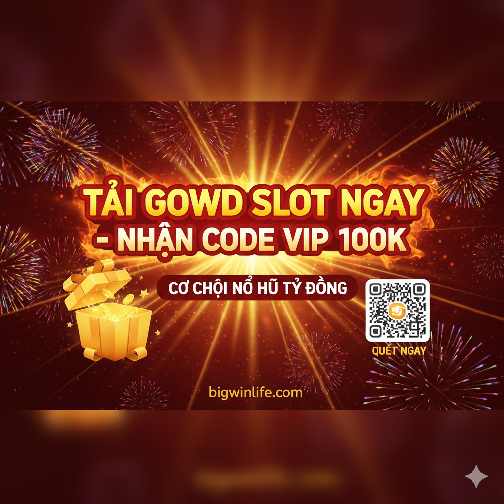 Ảnh tổng kết và Kêu Gọi Hành Động (CTA) cuối cùng. Thiết kế như một tấm banner quảng cáo hấp dẫn. Nền ảnh là sự kết hợp của hiệu ứng ánh sáng rực rỡ và pháo hoa ăn mừng (tượng trưng cho Nổ Hũ). Chữ viết lớn, nổi bật: 'TẢI GOWD SLOT NGAY - NHẬN CODE VIP 100K' hoặc 'CƠ HỘI NỔ HŨ TỶ ĐỒNG'. Có thể sử dụng hình ảnh một hộp quà (gift box) hoặc mã QR nhỏ để tăng tính tương tác. Màu sắc chủ đạo phải rất bắt mắt (đỏ, vàng, cam) để thúc đẩy người dùng click vào.