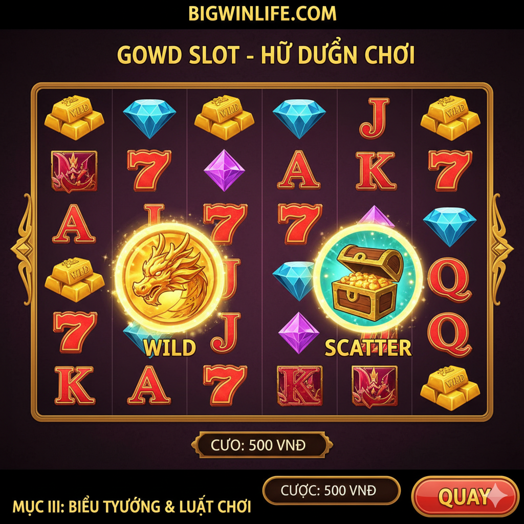 Ảnh minh họa chi tiết về luật chơi và biểu tượng quan trọng trong game Slot (Mục III). Hình ảnh là một màn hình game slot (ví dụ 5x3 hoặc 5x4) với các biểu tượng Vàng, Kim cương, Số 7 nổi bật. Đặc biệt nhấn mạnh hai biểu tượng 'Wild' (biểu tượng Vạn Năng) và 'Scatter' (biểu tượng Phân Tán) bằng cách khoanh tròn hoặc làm nổi bật chúng với ánh sáng lấp lánh. Phía dưới có thể có một thanh cược hoặc nút 'Spin' lớn. Màu sắc rực rỡ, chi tiết đồ họa tinh xảo, thể hiện được sự hấp dẫn của trò chơi Nổ Hũ.
