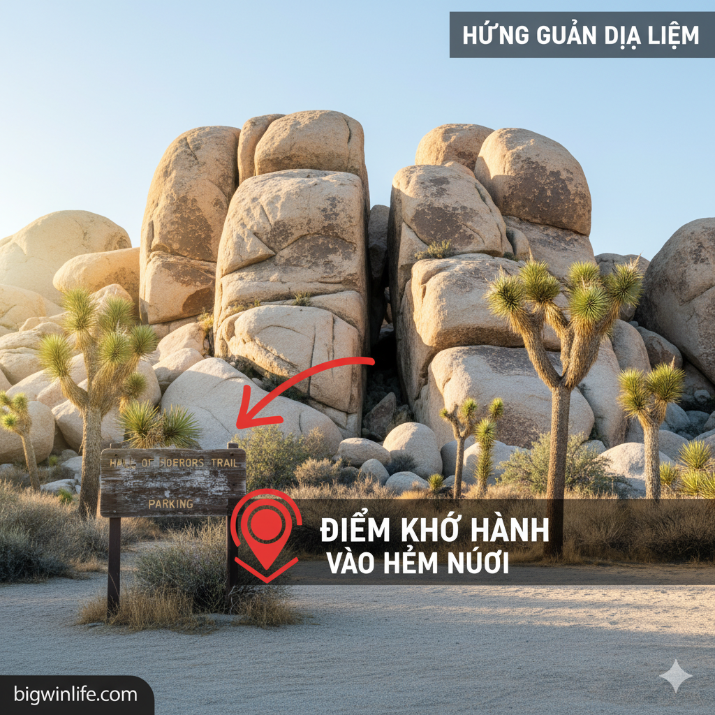 Ảnh minh họa hướng dẫn vị trí, sử dụng cho phần 'VỊ TRÍ VÀ CÁCH TÌM'. Bối cảnh là bãi đỗ xe nhỏ Hall of Horrors Parking Lot hoặc một biển chỉ dẫn mờ nhạt, phía sau là bãi đá granite khổng lồ đặc trưng của Joshua Tree. Có thể thêm một lớp phủ (overlay) kỹ thuật số (như một chấm đỏ hoặc mũi tên) chỉ dẫn đường đi vào cụm đá lớn, mô phỏng việc sử dụng GPS hoặc bản đồ ngoại tuyến. Màu sắc sáng rõ, thể hiện không gian mở của sa mạc. Phong cách ảnh chân thực, hữu ích để chỉ đường.