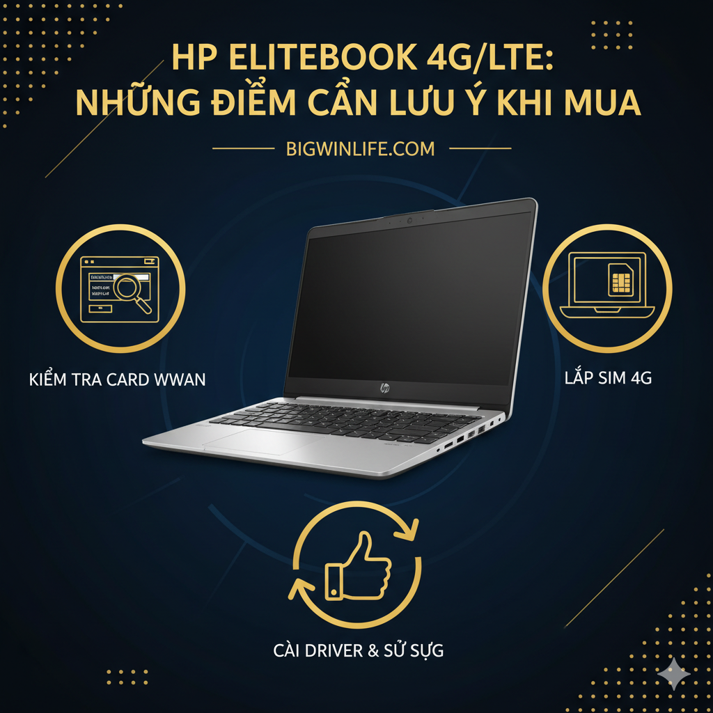Hình ảnh tóm tắt các điểm kiểm tra chính khi mua laptop HP có 4G/LTE, bao gồm kiểm tra Card WWAN và khe cắm SIM