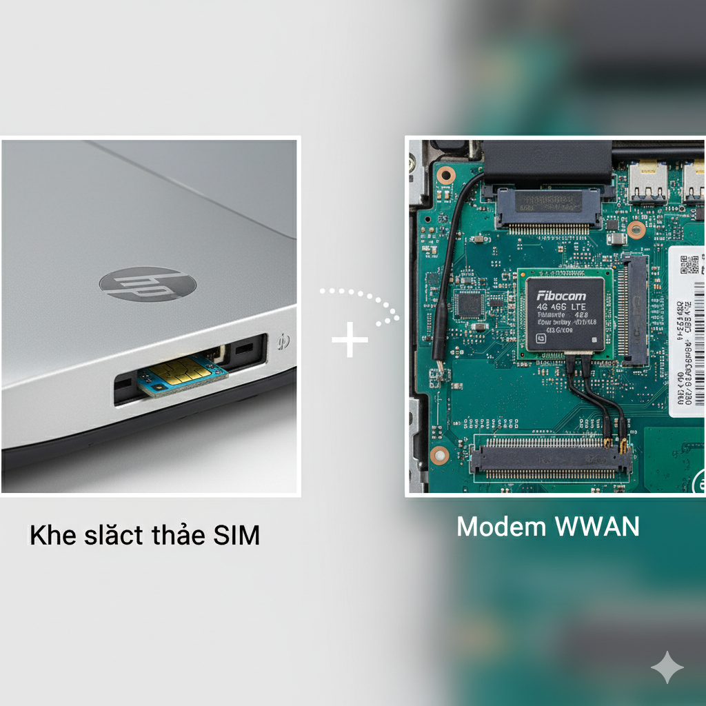 Hình ảnh so sánh khe cắm SIM ở mặt bên laptop và thẻ WWAN 4G LTE được lắp vào khe M.2 bên trong laptop
