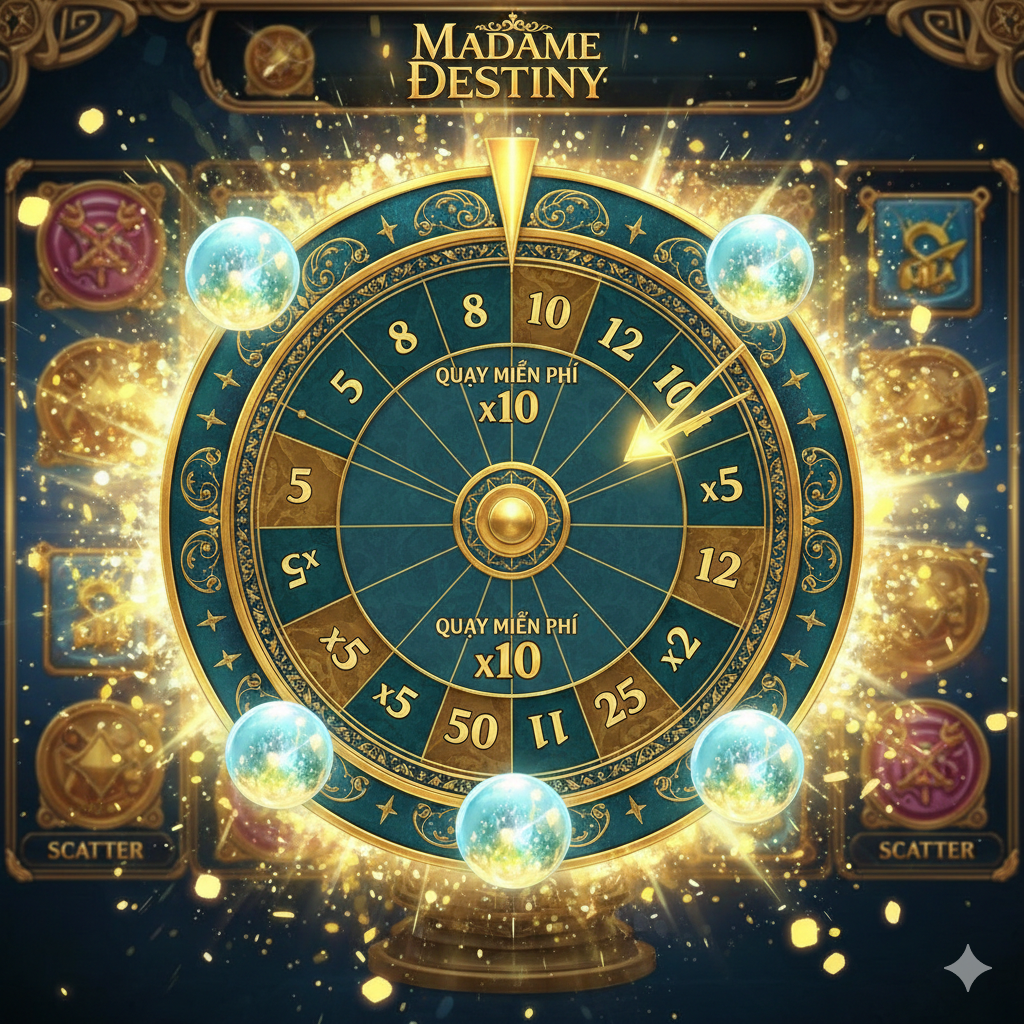Một bức ảnh tập trung hiển thị chức năng chính của trò chơi—Vòng quay miễn phí và Hệ số nhân. Trung tâm màn hình là một 'Bánh Xe Tiên Tri' (Wheel of Fortune) hoặc 'Bánh xe Chiêm tinh' khổng lồ, trên đó ghi rõ số lượng vòng quay miễn phí khác nhau (ví dụ: 5, 8, 10, 12) và Hệ số nhân (ví dụ: x2, x5, x10, x25). Xung quanh được bao bọc bởi 3 hoặc nhiều biểu tượng Scatter (Quả cầu pha lê) lấp lánh. Bối cảnh là giao diện động của vòng thưởng máy đánh bạc, với nhiều ánh sáng vàng và hiệu ứng chiến thắng. Tông màu chủ đạo là xanh đậm và vàng, nhấn mạnh rằng đây là màn hình kích hoạt phần thưởng tiềm năng cao, phù hợp với mô tả 'Bánh Xe Tiên Tri' trong bài viết.