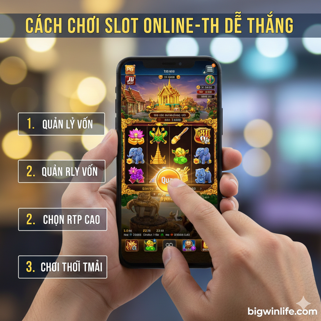 Hình ảnh minh họa các tính năng độc đáo của Slot Thái Lan (slot online-th). Bố cục chia làm 3 phần rõ rệt, mỗi phần đại diện cho một đặc điểm: 1. Chủ đề văn hóa Thái Lan (ví dụ: hình ảnh chùa vàng, tượng Phật nhỏ hoặc vũ công truyền thống). 2. Biểu tượng Jackpot Hấp dẫn (một hộp quà vàng hoặc một chiếc hũ đang nổ tung với tiền xu bay ra). 3. Tỷ lệ RTP Cao (một biểu đồ thanh màu xanh lá cây tăng vọt, hoặc một con số '96%+' nổi bật). Phong cách tươi sáng, sử dụng các icon game rõ ràng, nhấn mạnh sự khác biệt và lợi thế cạnh tranh của game Slot Thái.