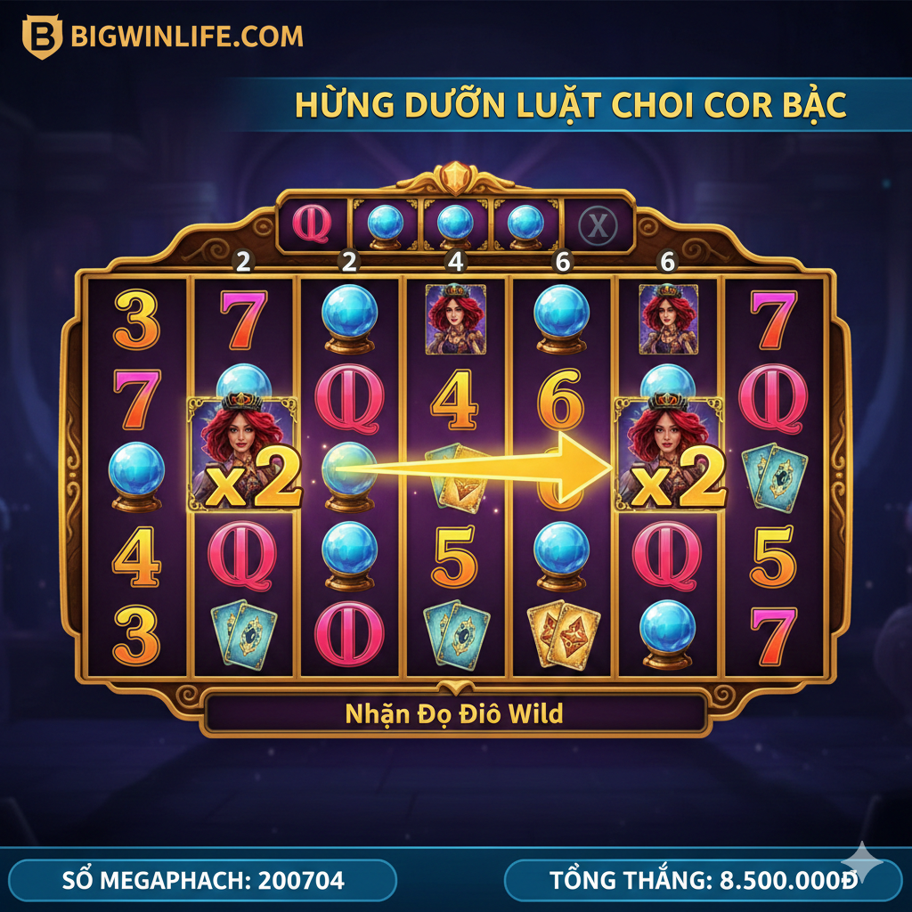 Một hình ảnh教程图, hiển thị rõ ràng cơ chế Megaways và quy tắc của biểu tượng Wild. Màn hình nên là giao diện 6 cuộn động của máy đánh bạc, với một số cuộn hiển thị số lượng biểu tượng khác nhau. Trên cuộn ngang phụ phía trên, có thể thấy các biểu tượng bổ sung. Điều quan trọng nhất là, trên màn hình nên có một hoặc nhiều biểu tượng Madame Destiny Wild, với một chỉ báo nhân 'x2' nổi bật bên cạnh, và một mũi tên chỉ vào một tổ hợp chiến thắng, trực quan giải thích quy tắc 'Wild Nhân Đôi'. Bố cục rõ ràng và dễ hiểu, được sử dụng để giải thích phần 'Hướng Dẫn Luật Chơi Cơ Bản'.