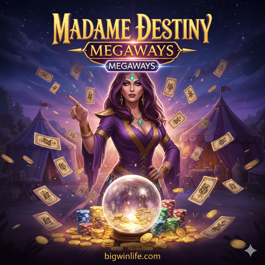 Một hình ảnh总结性的图片, đại diện cho mục tiêu cuối cùng và chiến thắng của trò chơi. Màn hình nên hiển thị chiến thắng ở cấp độ cao nhất (Maximum Win hoặc Big Win) trên giao diện máy đánh bạc, màn hình hiển thị số tiền chiến thắng khổng lồ (ví dụ: '5000x') và hiệu ứng tiền vàng rơi. Biểu tượng Madame Destiny Wild nên tham gia vào tổ hợp chiến thắng, làm nổi bật vai trò then chốt của nó. Tông màu tổng thể nên tươi sáng, tràn đầy sức sống và hứng khởi, tượng trưng cho khoảnh khắc người chơi thành công đạt được 'Nổ Hũ'. Bố cục nên tràn đầy năng lượng, đóng vai trò là phần tóm tắt mạnh mẽ và lời kêu gọi hành động cho bài viết.