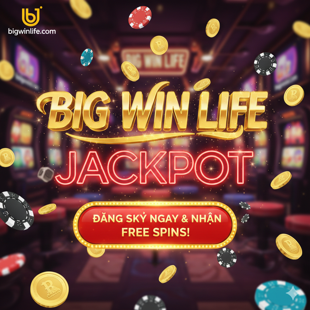 Hình ảnh kết thúc mang tính kêu gọi hành động (Call to Action) và tóm tắt cơ hội 'Big Win'. Trung tâm là một hình ảnh động (hoặc hiệu ứng) của dòng chữ 'JACKPOT' hoặc 'BIG WIN LIFE' đang chạy qua. Phía dưới có một nút lớn màu đỏ/vàng nổi bật với dòng chữ 'Đăng Ký Ngay & Nhận Free Spins!'. Xung quanh là các đồng tiền vàng Thái Lan (Baht) và chip casino bay lơ lửng. Hình ảnh truyền tải năng lượng cao, kết hợp sự sang trọng của casino với lời mời hấp dẫn, thúc đẩy người xem đăng ký slot online tại bigwinlife.com để không bỏ lỡ cơ hội.