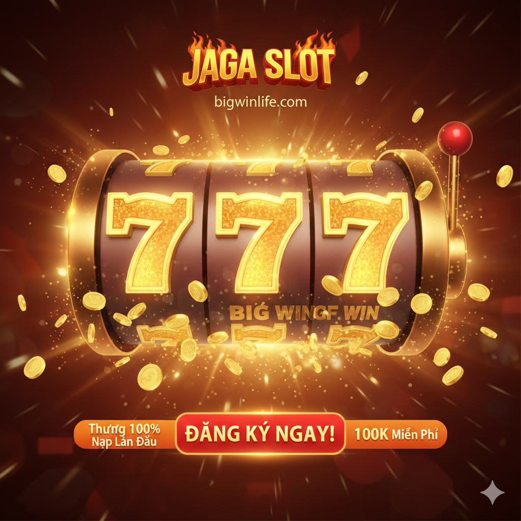 Ảnh tổng kết và kêu gọi hành động (CTA), tập trung vào kết quả lớn. Trung tâm là hình ảnh một màn hình điện thoại di động hiển thị thông báo 'BIG WIN' hoặc 'JACKPOT' với lượng tiền thưởng lớn được đổ xuống. Nền phía sau là hình ảnh một logo BIGWINLIFE cách điệu hoặc một đồng xu vàng khổng lồ. Sử dụng màu sắc rực rỡ (vàng, đỏ) để tạo cảm giác chiến thắng và phấn khích. Kêu gọi người đọc 'Đăng Ký Ngay' để áp dụng chiến thuật Jaga Slot và nhận thưởng lớn.