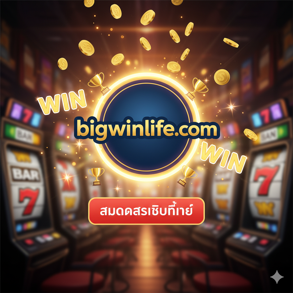一张总结性的号召行动(CTA)图片。图片中央是“bigwinlife.com”的徽标,设计得既专业又可信。徽标周围环绕着庆祝元素,如飘落的金币、小奖杯和发光的“WIN”字样。徽标正下方是一个非常清晰、吸引人的泰语按钮,上面写着“สมัครสมาชิกที่นี่” (Register Here)。整体色调温暖、诱人、充满希望,鼓励用户加入并成为下一个大赢家。