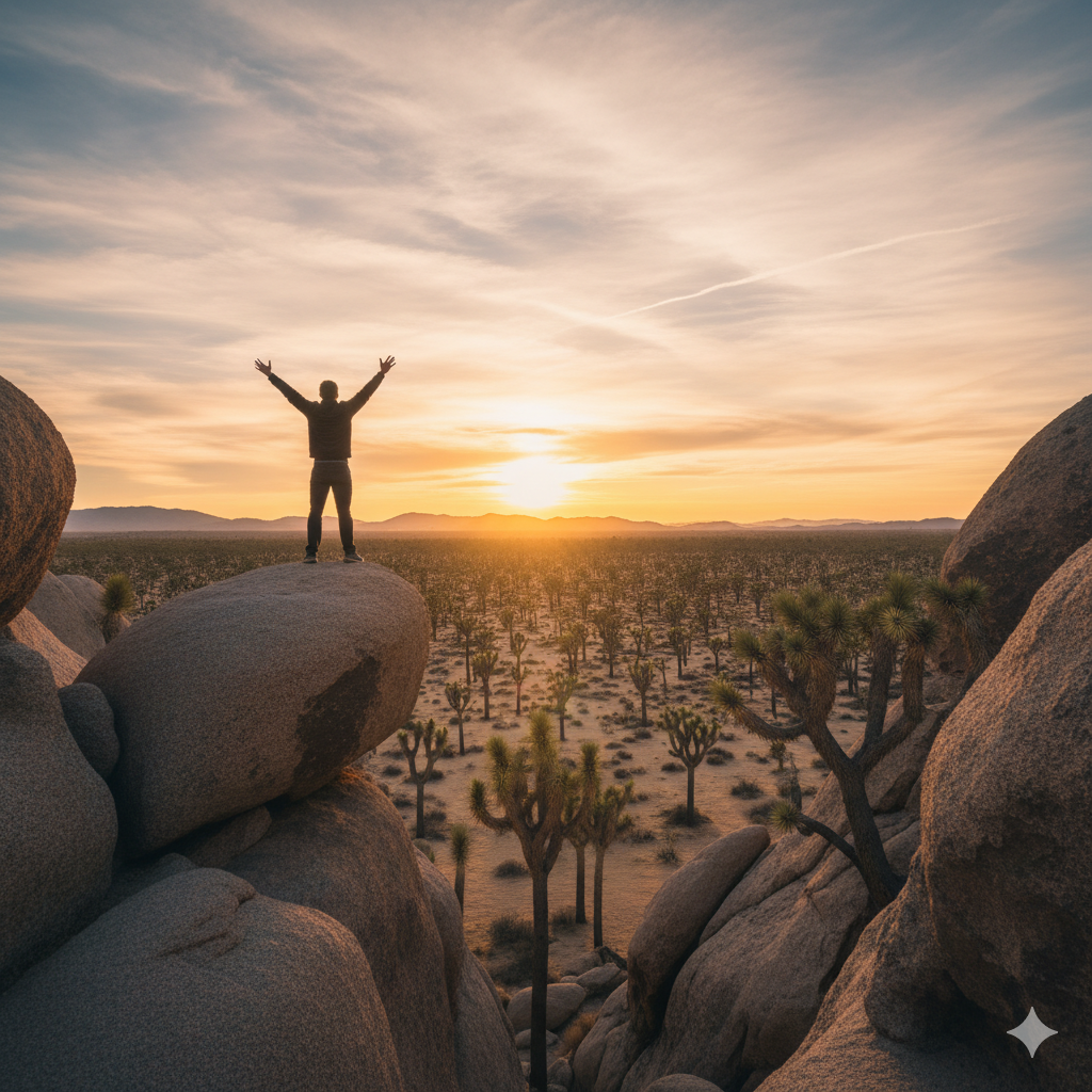 Ảnh tổng kết và kết nối nội dung, mang lại cảm giác 'chiến thắng' và phần thưởng sau chuyến phiêu lưu. Hình ảnh một người đang đứng ở lối ra của khe núi khe (hoặc trên đỉnh một tảng đá cao gần đó), ngắm nhìn toàn cảnh sa mạc Joshua Tree rộng lớn, bát ngát với hàng trăm cây Joshua đặc trưng. Màu sắc hoàng hôn (golden hour) ấm áp, làm nổi bật bóng dáng người đứng đó và tạo không khí chiến thắng, thư thái. Bố cục mở rộng, sử dụng quy tắc một phần ba, với người ở tiền cảnh và phong cảnh hùng vĩ ở hậu cảnh. Hình ảnh phải truyền tải sự tự do và cảm giác 'Big Win' khi đã hoàn thành thử thách.