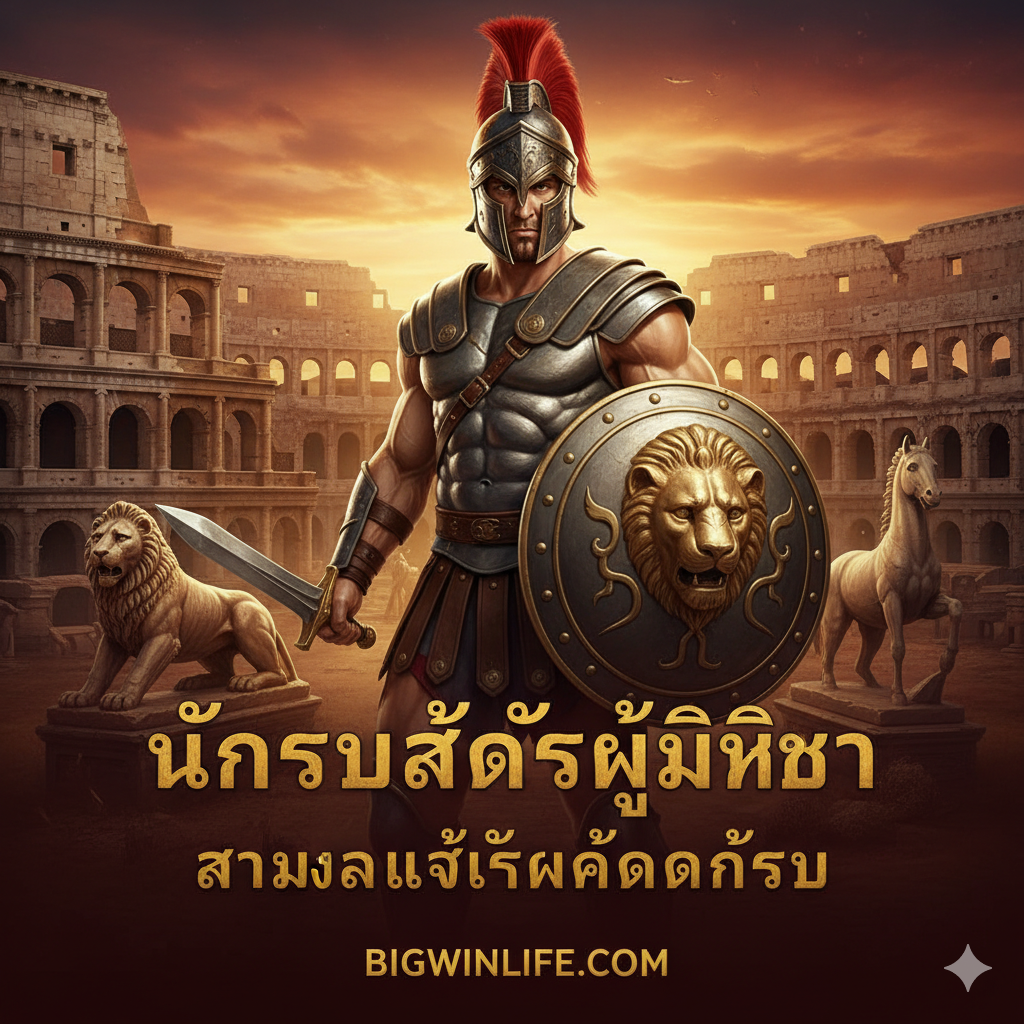 一张醒목的封面图,以罗马竞技场(Colosseum)为背景,画面中央是一个手持剑盾、身披盔甲的英勇角斗士的半身像,姿势充满力量感。背景色彩以深红、金色和青铜色为主,营造出史诗般的氛围。画面上方或下方有游戏Logo的金色浮雕风格设计,并以泰语和西班牙语的关键词“Jugar Gladiator Slot”和“Gladiator Jackpot”作为强调。整体构图大气磅礴,突出电影和游戏的经典主题。