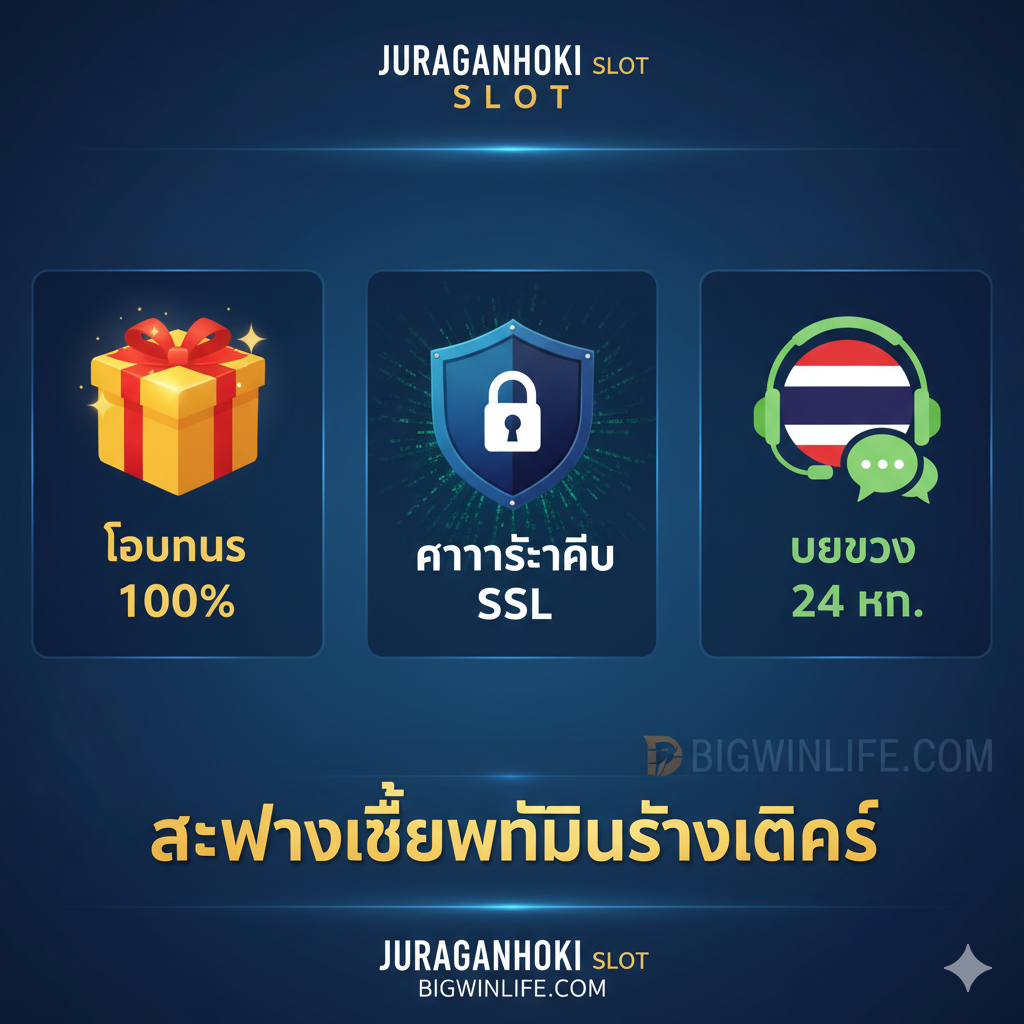 优势特点图,聚焦文章中阐述的Bigwinlife核心优势:高额奖金、安全和本地化服务。构图采用三分割或三列布局,分别用三个关键图标代表:1. 🎁 โบนัส 100% (Bonus 100%) - 图标为礼盒或奖杯,充满金光。2. 🔒 ความปลอดภัย SSL (SSL Security) - 图标为盾牌或锁,背景为安全加密代码。3. 🇹🇭 บริการ 24 ชม. (24-Hour Service) - 图标为泰国旗帜和耳机หรือ对话气泡。整体色彩应充满信任感(蓝色、绿色)和吸引力(金色),强调 Bigwinlife เป็น“สะพานเชื่อมที่มั่นคงที่สุด” (最稳定的连接桥梁)。