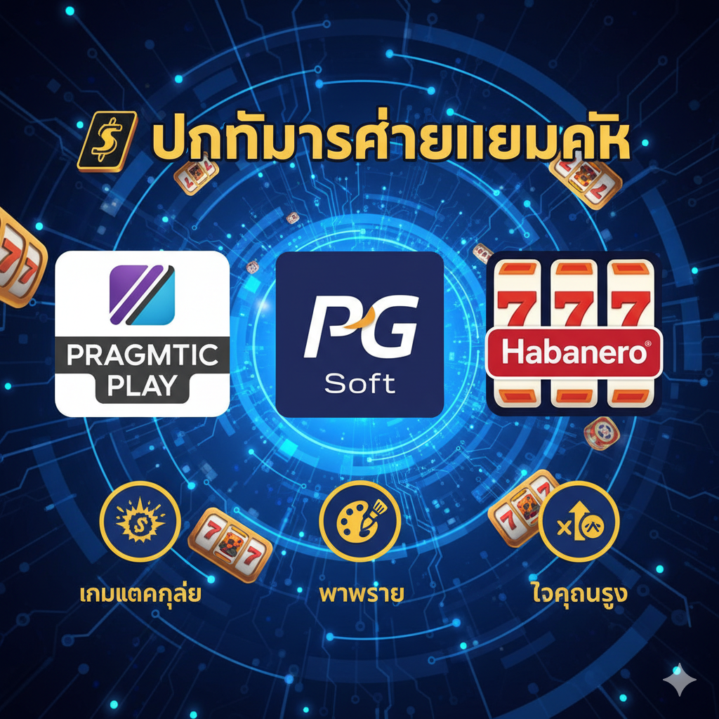 功能特性图,重点展示文章中提到的主要游戏供应商和特色。图片采用鲜明的排版,将文章中提到的三大合作伙伴的Logo(Pragmatic Play, PG Soft, Habanero)以醒目的方式并排展示。背景可以是一个抽象的、充满ชีวิตชีวา的老虎机图案或芯片电路板,代表高科技和多样性。在Logo下方,可以配上小图示,分别代表“เกมแตกง่าย” (易爆奖)、“ภาพสวย” (画面精美) 和“ตัวคูณสูง” (高倍乘)。主标题应围绕“🎰 พันธมิตรค่ายเกมหลัก” (主要游戏供应商伙伴)展开,色彩鲜艳,吸引玩家对游戏质量的关注。