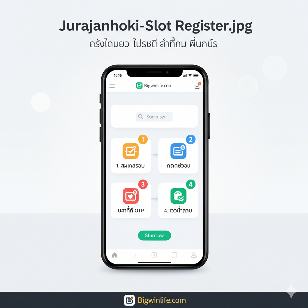 教程指导图片，清晰展示会员注册和登录的简化步骤。图片风格应简洁、流程化，采用浅色背景（如白色或浅灰色）和明快的图标。主体是一张手机屏幕截图模拟图，用4个带有编号的箭头（1, 2, 3, 4）或气泡图清晰标注出“สมัครสมาชิก” (注册)、“กรอกข้อมูล” (填写资料)、“ยืนยัน OTP” (确认 OTP) และ “เข้าสู่ระบบ” (登录) 四个步骤。重点突出操作的“ง่ายดายและใช้เวลาเพียงไม่กี่นาที” (简单且只需几分钟) 的理念，底部可以放一个 Bigwinlife 的登录界面小图标。