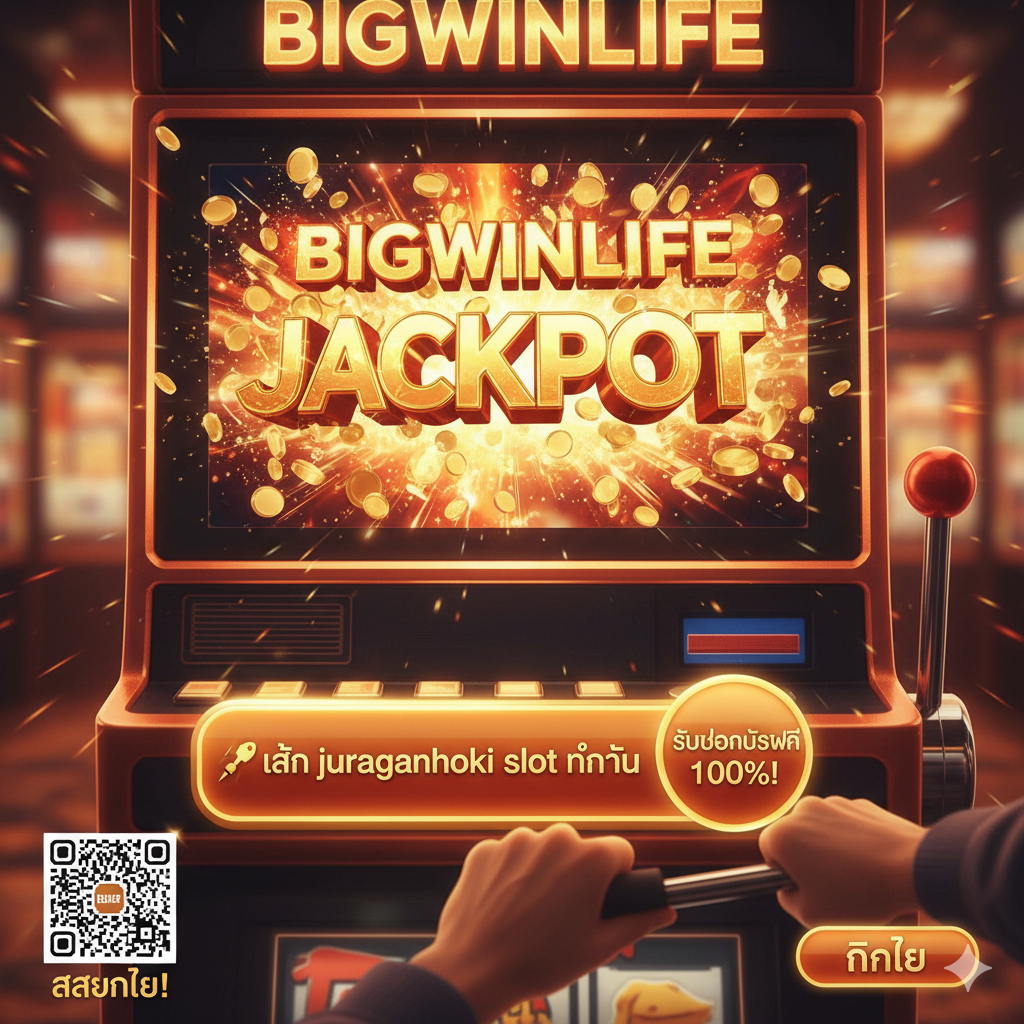 总结与行动号召 (CTA) 图，旨在激发用户立即采取行动。图片应具有动感和激励性，可以是一个老虎机中奖拉杆（Lever）被拉下的特写镜头，屏幕上爆出“BIGWINLIFE”和“JACKPOT”的字样。色彩采用暖色调（橙色、红色、金色）来激发热情。核心文本应是文章结尾的 Call-to-Action 标语：“🚀 เล่น juraganhoki slot ทันที” (立即玩 juraganhoki slot) หรือ “รับโบนัสฟรี 100%!” (领取 100% 免费奖金!)。在角落放置一个快速扫描二维码或“คลิกเลย” (立即点击) 的按钮形状，作为视觉上的引导。