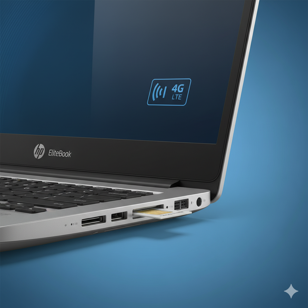 Một tấm ảnh hấp dẫn về nắp gập laptop HP EliteBook series với thẻ SIM đang được chèn vào khe cắm thẻ SIM