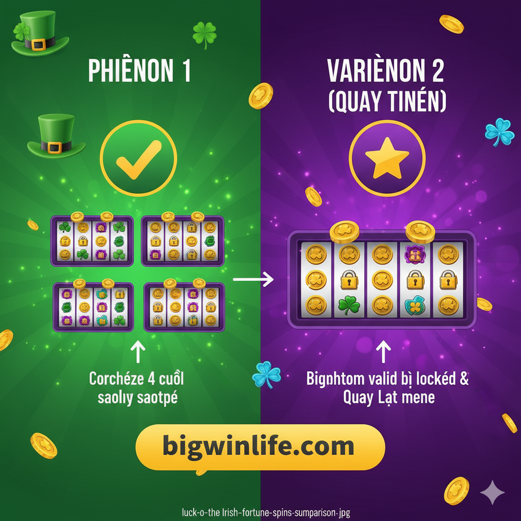 Một bức ảnh用于总结和对比的插图，风格偏向信息图表。将原始的“Luck O' The Irish Fortune Spins”版本1和版本2（或“Money Spins”）做视觉分割对比。左侧展示版本1的特色（4个卷轴的复制机制），右侧可以展示版本2的特色（例如锁定的金币符号，Money Respin）。使用对比色或标志性元素来区分两者，例如版本1主色调为纯绿，版本2可以加入蓝色或紫色，并在两者上方加上对勾或星标，象征bigwinlife.com的推荐与结论。