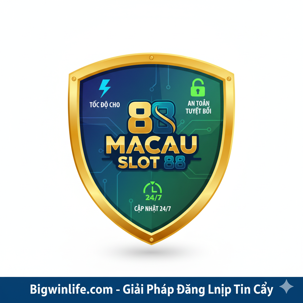 Hình ảnh một chiếc khiên bảo mật màu xanh/vàng với logo Macau Slot 88 ở trung tâm. Xung quanh là các biểu tượng Tốc Độ Cao (tia chớp), An Toàn Tuyệt Đối (ổ khóa) và Cập Nhật 24/7 (đồng hồ). Chú thích: Bigwinlife.com - Giải Pháp Đăng Nhập Tin Cậy