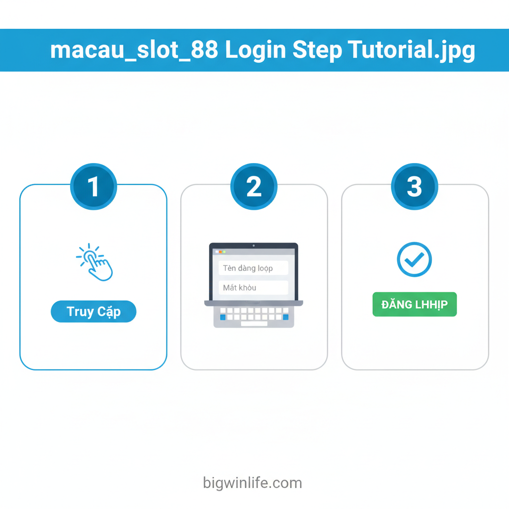 Hướng dẫn đăng nhập Macau Slot 88 3 bước. Bước 1: Click chuột vào link. Bước 2: Nhập Username/Password. Bước 3: Hoàn thành xác nhận (CAPTCHA) và nhấn LOGIN. Hình ảnh sử dụng thiết kế phẳng, màu sắc sạch sẽ, nhấn mạnh các bước.