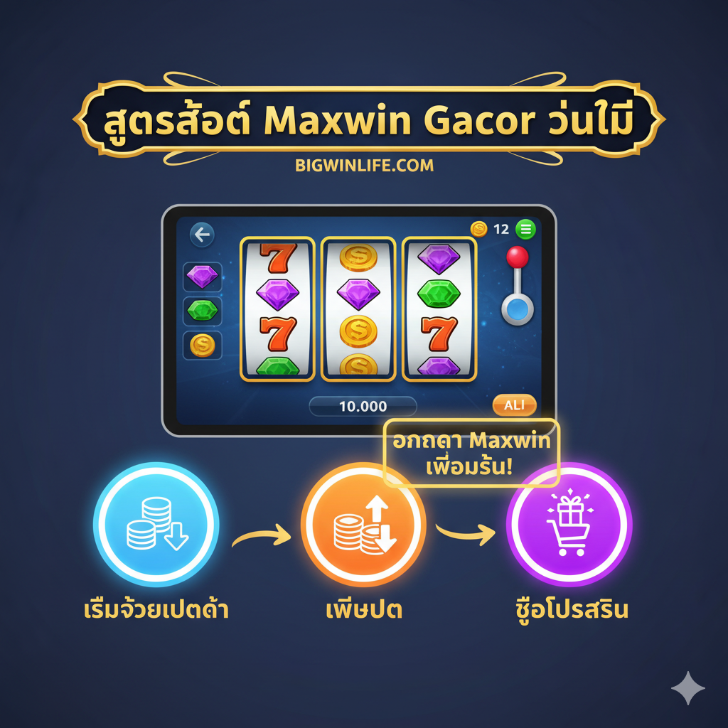 ภาพแสดงขั้นตอนการทำงานของ “Pola Gacor” องค์ประกอบหลักเลียนแบบอินเทอร์เฟซเกมสล็อตบนหน้าจอมือถือหรือคอมพิวเตอร์ (ไม่ใช่เกมเฉพาะเจาะจง) ด้านล่างของหน้าจอมีไอคอนหรือกล่องแสดงขั้นตอนสามขั้นตอนที่ชัดเจน แทน “เริ่มด้วยเบทต่ำ” (เดิมพันต่ำ), “เพิ่มเบท” (เพิ่มเดิมพัน) และ “ซื้อฟรีสปิน” (ซื้อฟรีสปิน) มีการใช้ลูกศรหรือการออกแบบที่คล่องตัวเพื่อเชื่อมโยงทั้งสามขั้นตอนเข้าด้วยกันเป็นวัฏจักรหรือแผนผังการไหล พร้อมกับมีข้อความ “Maxwin Chance Up!” ที่ขั้นตอนสำคัญ