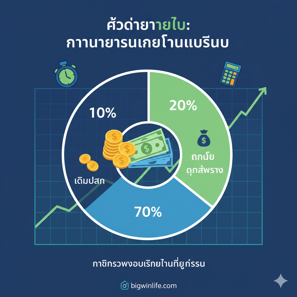 ภาพที่สื่อถึง 'การจัดการเงินทุน' และ 'วินัย' ในการเล่นสล็อต ซึ่งเป็นข้อได้เปรียบที่แท้จริง ภาพควรเป็นรูปเหรียญทองหรือธนบัตรที่ถูกจัดวางอย่างเป็นระเบียบหรือถูกแบ่งออกเป็นส่วนๆ อย่างชัดเจน (เช่น วงกลมแบ่งเปอร์เซ็นต์ 10% สำหรับการเดิมพัน และ 20% สำหรับกำไร) มีไอคอนของนาฬิกาจับเวลา (Stopwatch) หรือเครื่องคิดเลข (Calculator) เพื่อเน้นย้ำถึงการบริหารเวลาและการควบคุมทางการเงิน โทนสีควรเป็นสีน้ำเงินเข้มและสีเขียวอ่อน สื่อถึงความมั่นคงทางการเงินและความเป็นมืออาชีพ มีกราฟที่แสดงการเติบโตของเงินทุนอย่างสม่ำเสมอในพื้นหลังเพื่อเน้นย้ำถึง 'กำไรที่ยั่งยืน'