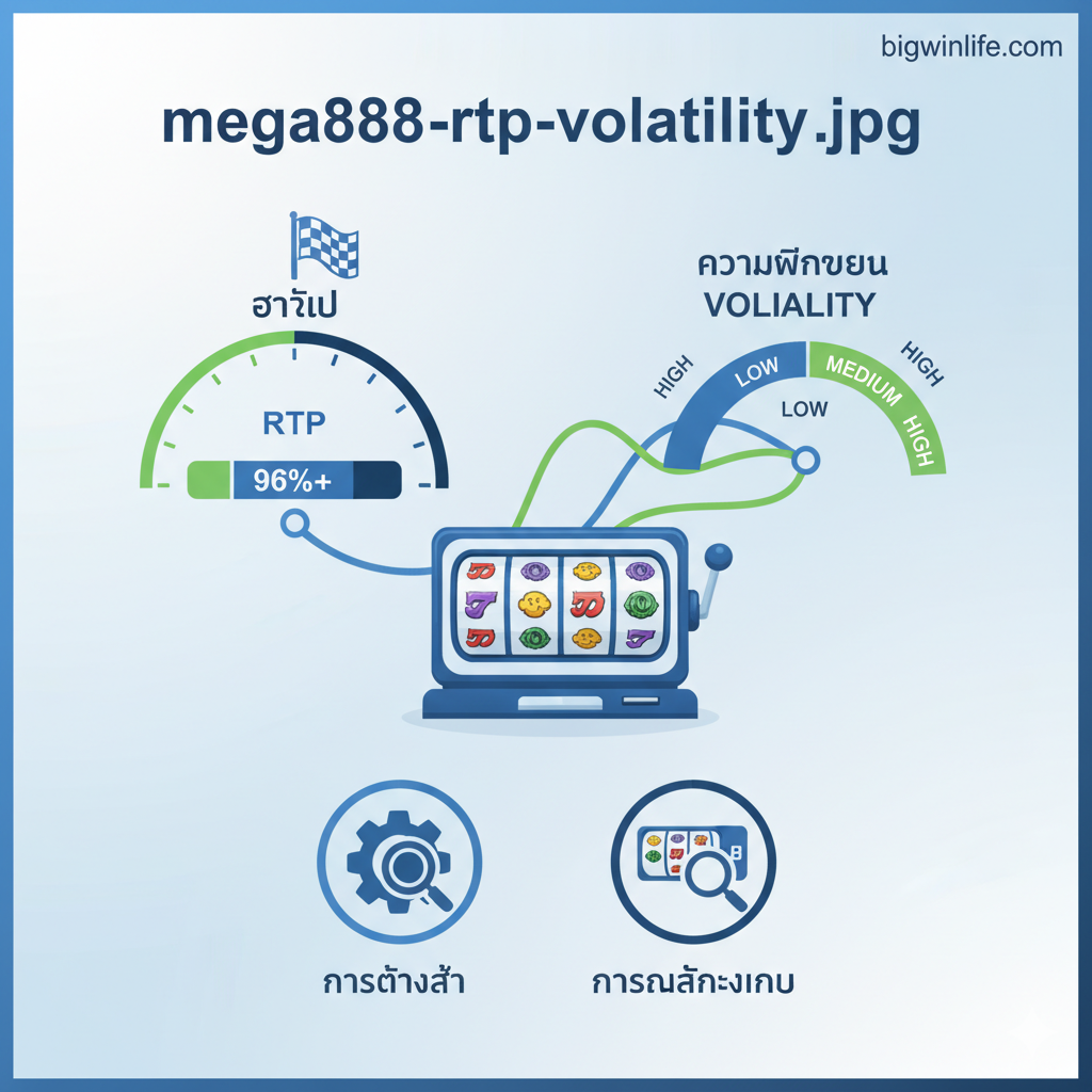 ภาพที่เน้นอธิบายหลักการทำงานและฟีเจอร์สำคัญของเกมสล็อต โดยแสดงองค์ประกอบของ 'การตั้งค่าและการวิเคราะห์เกม' เป็นหลัก ภาพควรมีสัญลักษณ์ของเครื่องสล็อตที่กำลังหมุน (Reels) พร้อมตัวเลขหรือมาตรวัดที่แสดงค่า 'RTP' และ 'Volatility' อย่างชัดเจน ควรใช้กราฟิกแบบอินโฟกราฟิกที่สะอาดตาและมีเส้นเชื่อมโยง แสดงให้เห็นว่า RTP (96%+) คือเส้นชัย และ Volatility (Low/Medium) คือเส้นทาง มีไอคอนเฟือง (Gear) หรือแว่นขยายเพื่อสื่อถึงการวิเคราะห์และการตั้งค่า เน้นโทนสีฟ้า/เขียวและสีขาวเพื่อสื่อถึงความน่าเชื่อถือและการวิเคราะห์อย่างมีเหตุผล