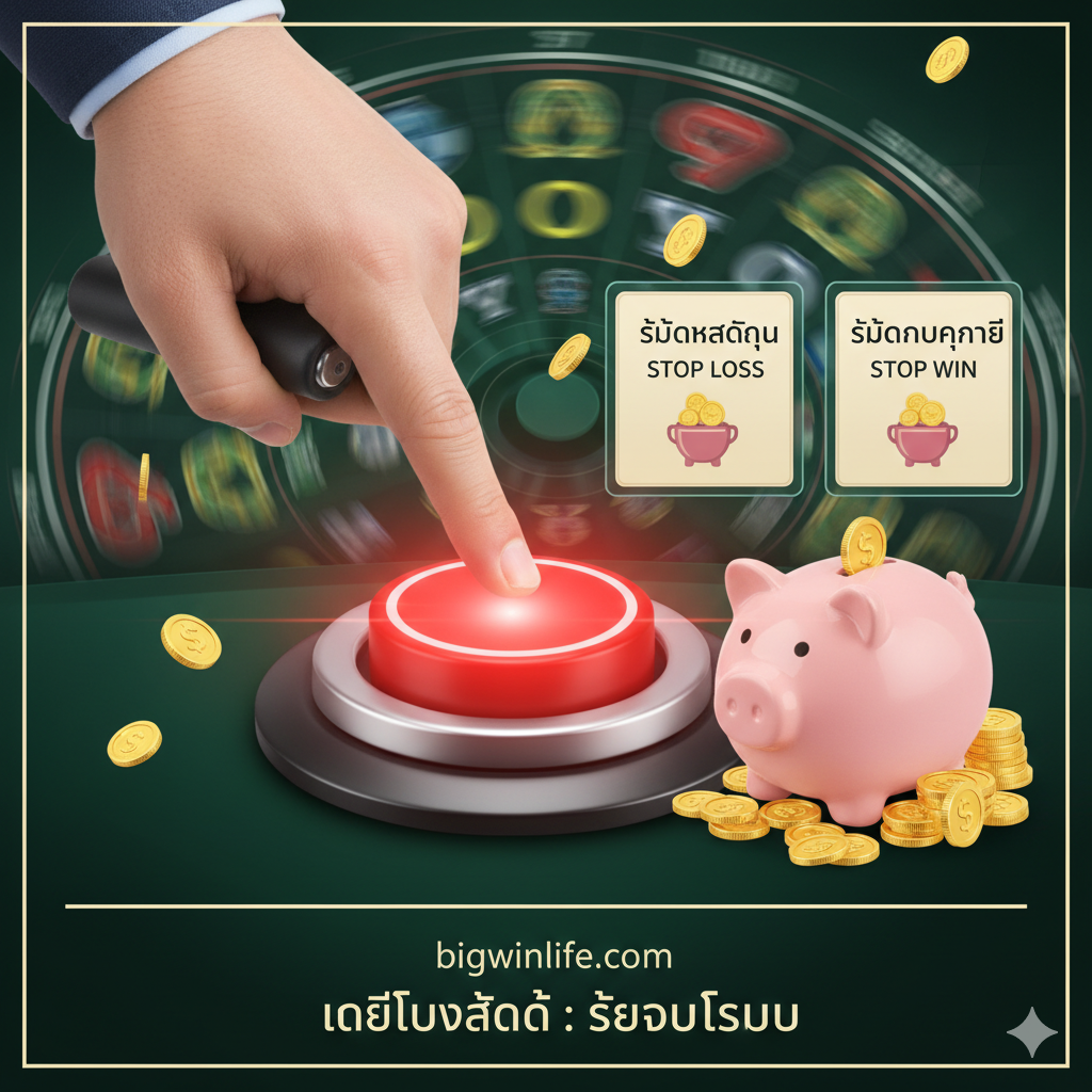 ภาพสรุปที่เน้นเคล็ดลับสำคัญที่สุดคือ 'รู้จุดหยุด' (Stop Loss/Stop Win) ภาพควรเป็นรูปมือที่กำลังดึง 'เบรกมือ' (Hand Brake) หรือกดปุ่ม 'หยุด' สีแดงขนาดใหญ่ โดยมีพื้นหลังเป็นวงล้อสล็อตที่กำลังหมุนอย่างรวดเร็ว ข้างปุ่มหยุดควรมีป้ายกำกับ 'STOP LOSS' และ 'STOP WIN' กำกับไว้ด้วยไอคอนสัญลักษณ์เหรียญทองที่ถูกเก็บไว้ในกระปุกออมสินอย่างปลอดภัย ใช้สีแดงสว่างสำหรับปุ่มหยุดและสีเขียวเข้มสำหรับพื้นหลังเพื่อสร้างความแตกต่างและเน้นย้ำถึงความสำคัญของการตัดสินใจในการหยุดเล่น ภาพนี้ควรสร้างความรู้สึกของการควบคุมสถานการณ์และการรักษาผลกำไร