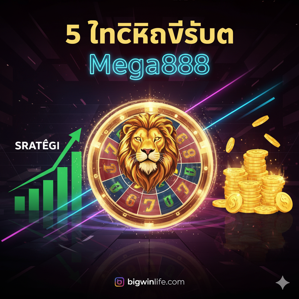 ภาพหน้าปกสไตล์กราฟิกแบบไดนามิกและน่าดึงดูดใจ (High-energy, digital art style) โดยเน้นไปที่การ 'ชนะ' อย่างถูกกฎหมาย ไม่ใช่ 'การโกง' ตรงกลางภาพเป็นสัญลักษณ์ของ Mega888 (สิงโตสีทอง) หรือวงล้อสล็อตที่มีแสงสว่างจ้า ด้านข้างมีไอคอนที่สื่อถึง 'กลยุทธ์' และ 'เงินทุน' เช่น กราฟแท่งสีเขียวที่พุ่งขึ้น และเหรียญทองที่กองสูง สีหลักควรเป็นสีแดงเข้ม สีดำ และสีทองเพื่อสื่อถึงความตื่นเต้นและความมั่งคั่ง มีข้อความตัวใหญ่ว่า '5 เทคนิคพิชิต Mega888' ลอยอยู่เหนือภาพ โดยมีแสงเรืองรองคล้ายนีออนเพื่อให้ดูทันสมัยและดึงดูดความสนใจ