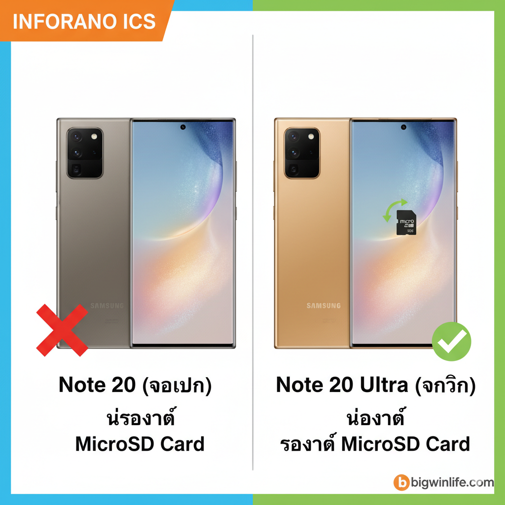 ภาพเปรียบเทียบคุณสมบัติ (Feature/Function) ระหว่าง Note 20 ธรรมดาและ Note 20 Ultra ในรูปแบบ Infographic-Style ด้านหนึ่งแสดง Note 20 ธรรมดา (จอแบน) พร้อมกากบาทสีแดงขนาดใหญ่ '❌' เหนือตำแหน่งถาดซิม อีกด้านแสดง Note 20 Ultra (จอโค้ง) พร้อมเครื่องหมายถูกสีเขียว '✅' และไอคอน MicroSD Card ขนาดเล็กที่กำลังถูกใส่เข้าไปในช่องอย่างชัดเจน ใช้สีสันสดใสเพื่อเน้นความแตกต่างของฟีเจอร์การเพิ่มหน่วยความจำ การจัดวางเน้นความสมมาตรและง่ายต่อการทำความเข้าใจ